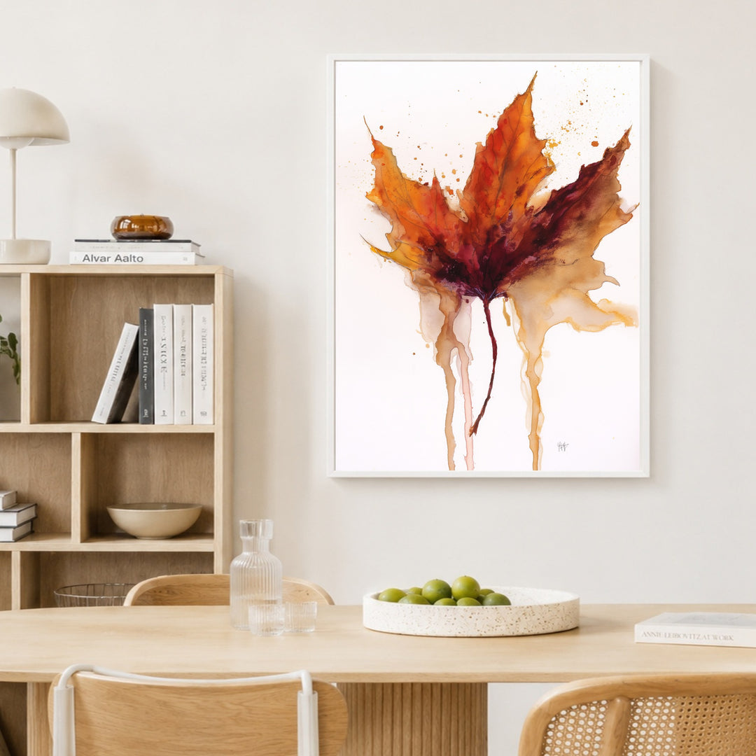 Herbstblatt im Wasserfall Poster – Weißer Rahmen – Produktfoto