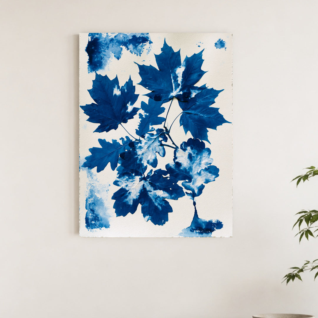 Blaue Blätter Cyanotypie Poster – Ohne Rahmen – Produktfoto