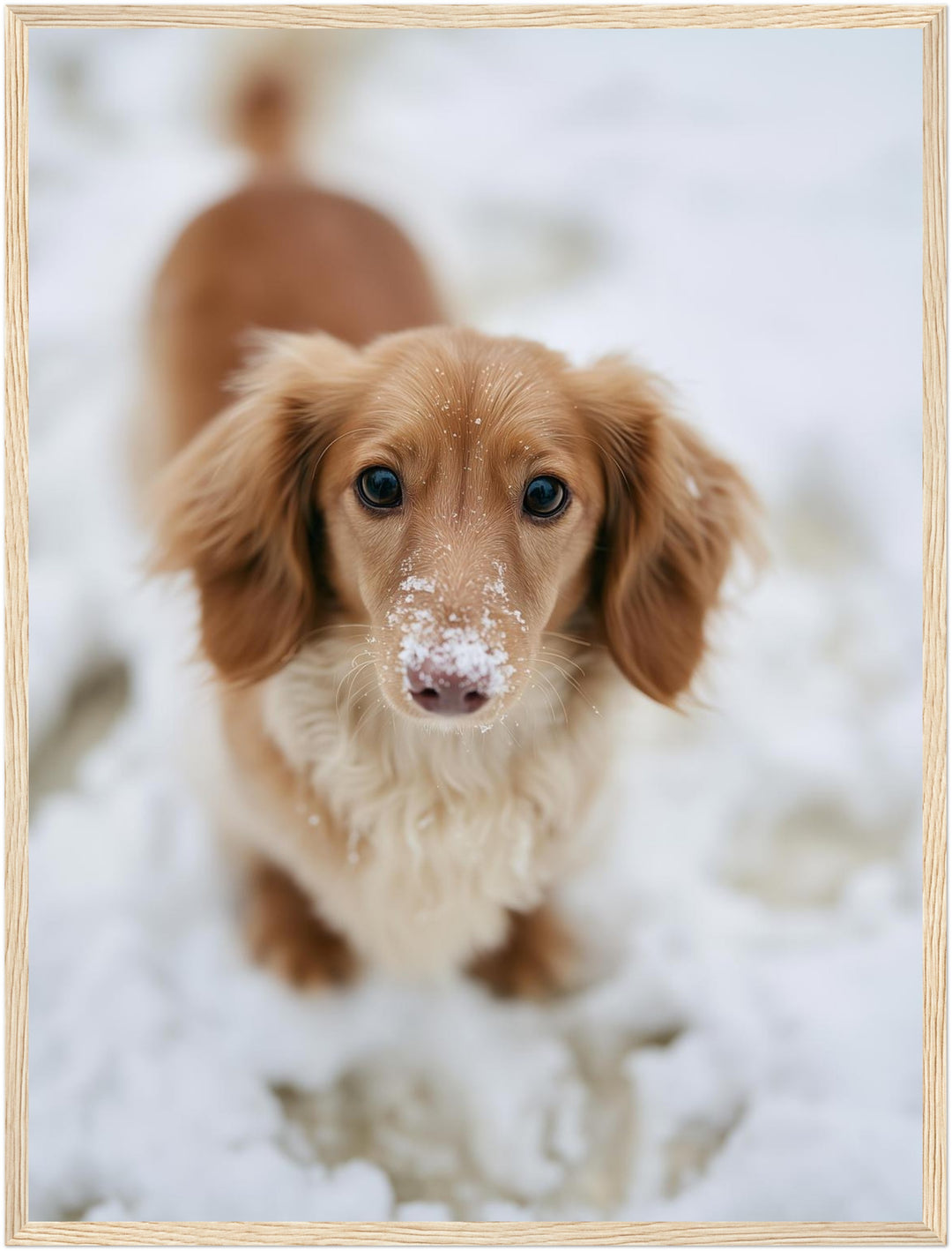 Dackel im Schnee Poster – Holz natur Rahmen – Produktfoto