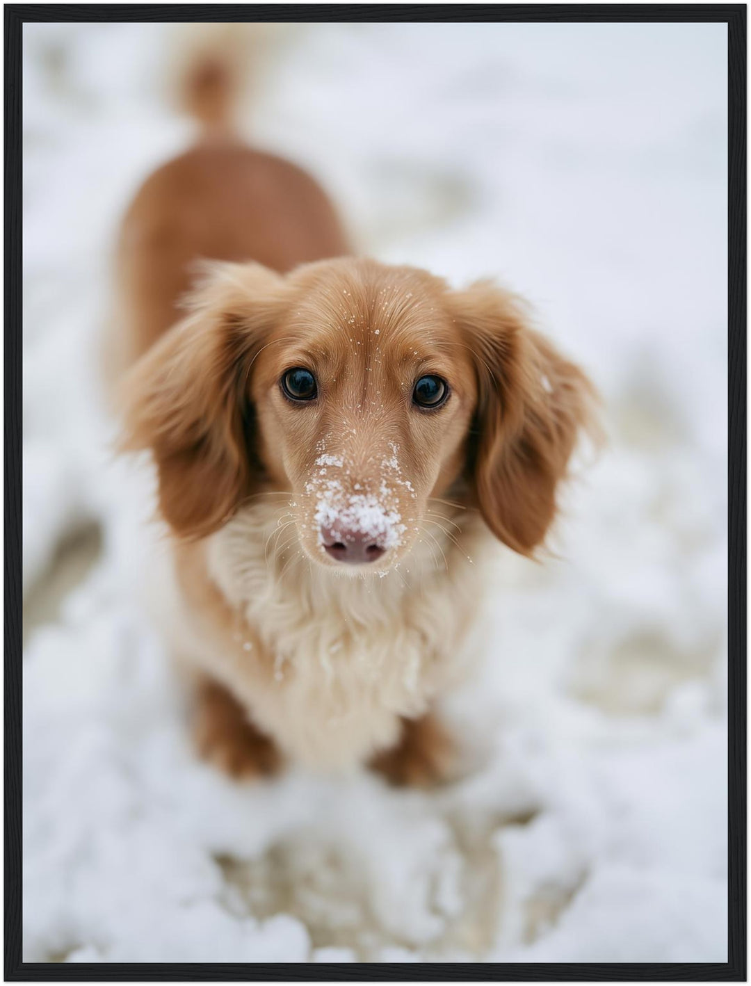 Dackel im Schnee Poster – Schwarzer Rahmen – Produktfoto