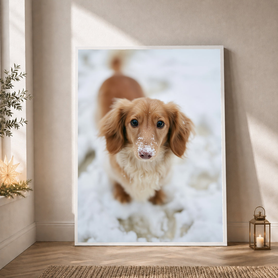 Dackel im Schnee Poster – Weißer Rahmen – Produktfoto