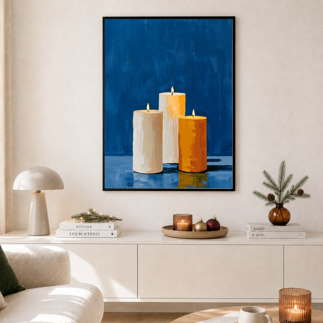 Drei Kerzen im blau Poster – Schwarzer Rahmen – Produktfoto