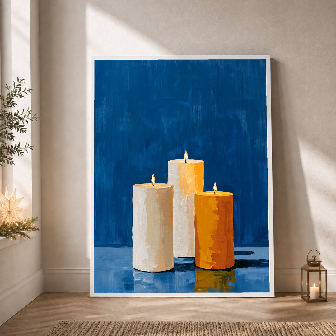 Drei Kerzen im blau Poster – Weißer Rahmen – Produktfoto