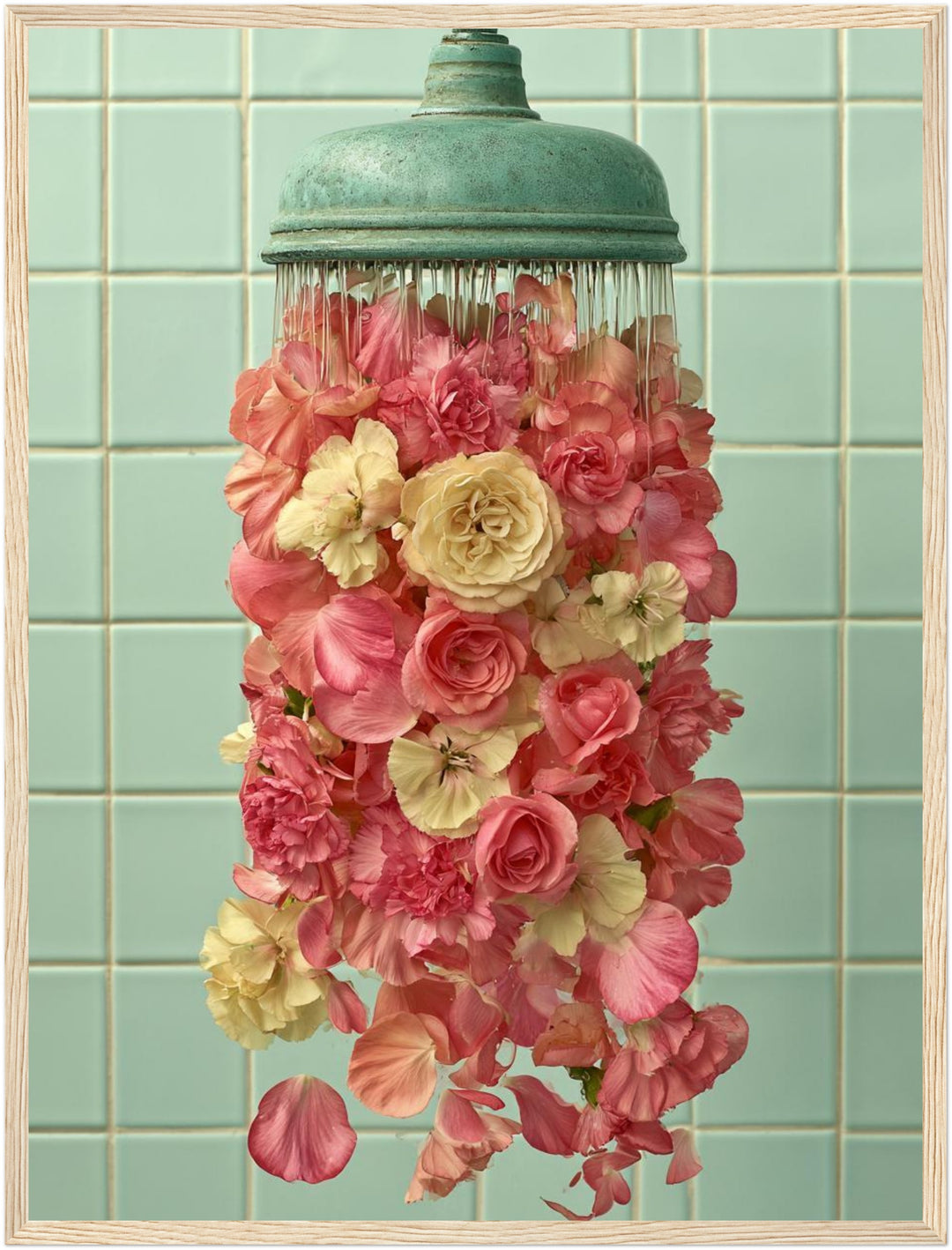 Duschkopf mit Rosen Poster – Holz natur Rahmen – Produktfoto