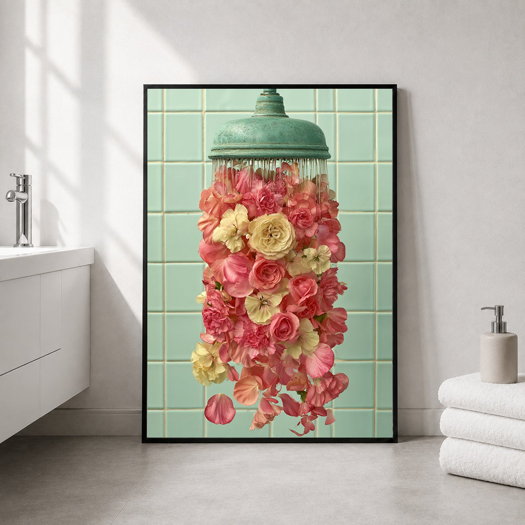 Duschkopf mit Rosen Poster – Schwarzer Rahmen – Produktfoto