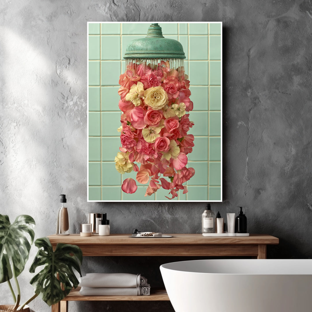 Duschkopf mit Rosen Poster – Weißer Rahmen – Produktfoto