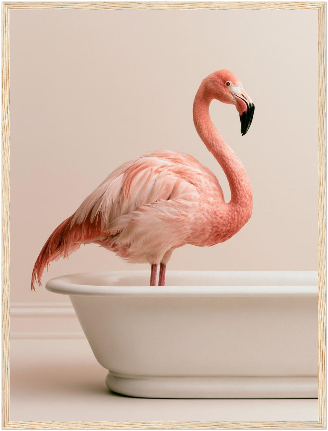 Flamingo in Badewanne Poster – Holz natur Rahmen – Produktfoto