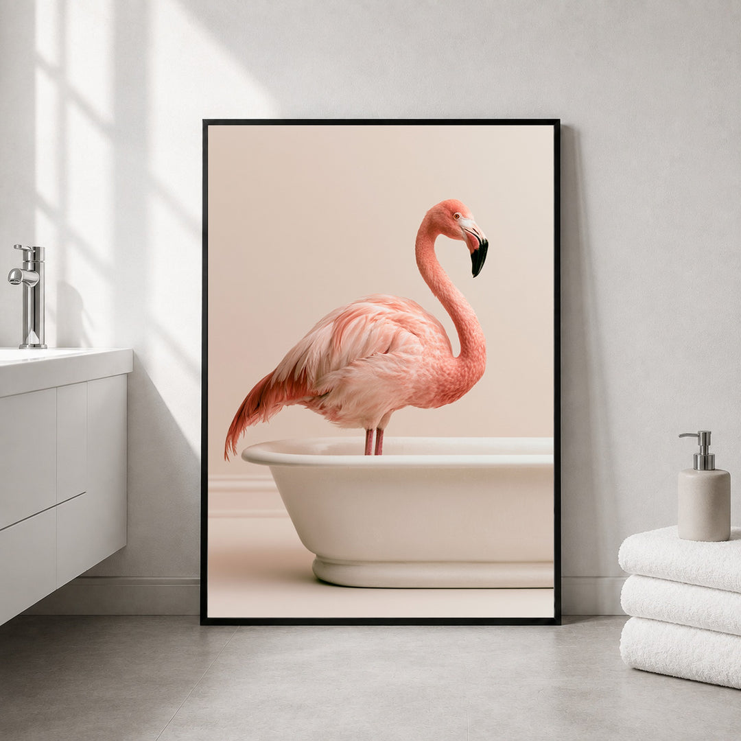 Flamingo in Badewanne Poster – Schwarzer Rahmen – Produktfoto