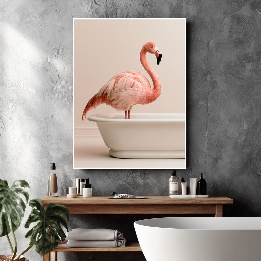 Flamingo in Badewanne Poster – Weißer Rahmen – Produktfoto