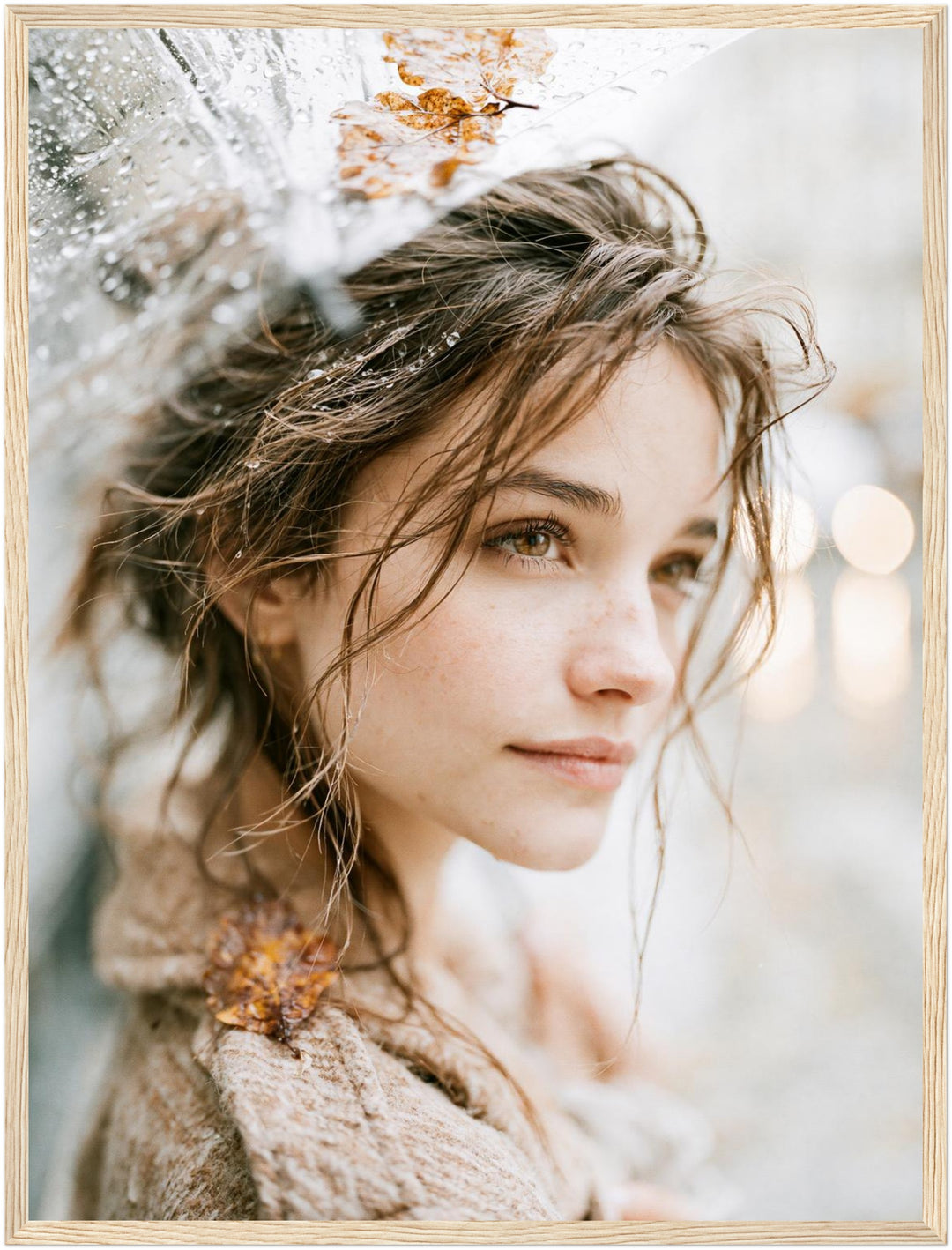 Mädchen im Herbstregen Poster – Holz natur Rahmen – Produktfoto