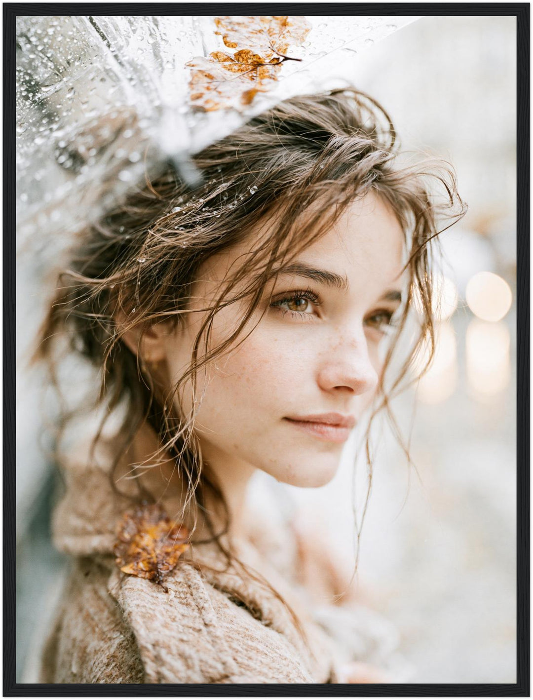 Mädchen im Herbstregen Poster – Schwarzer Rahmen – Produktfoto
