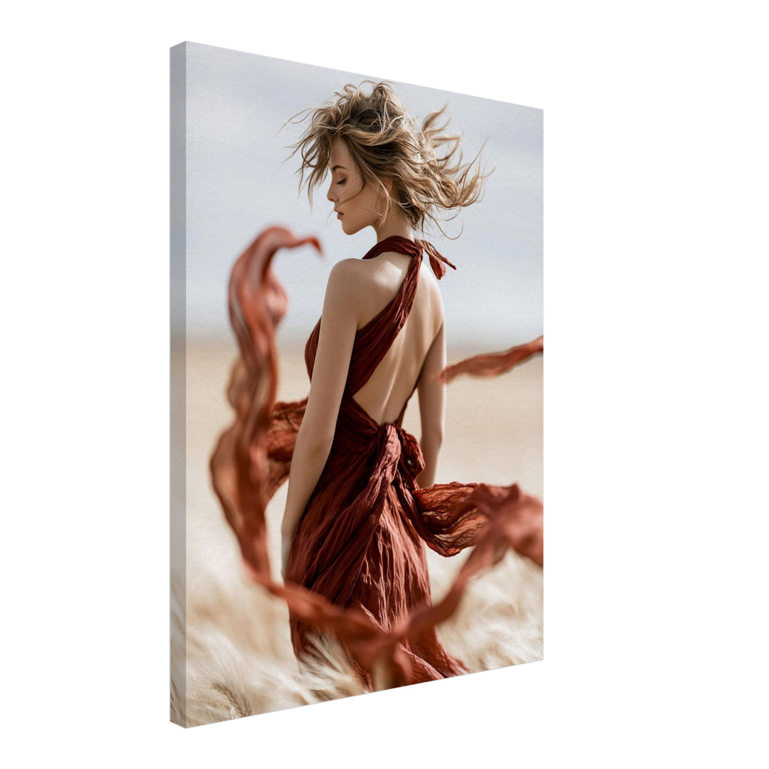 Frau im Wüstenwind Leinwandbild – Schräge Ansicht – Produktfoto