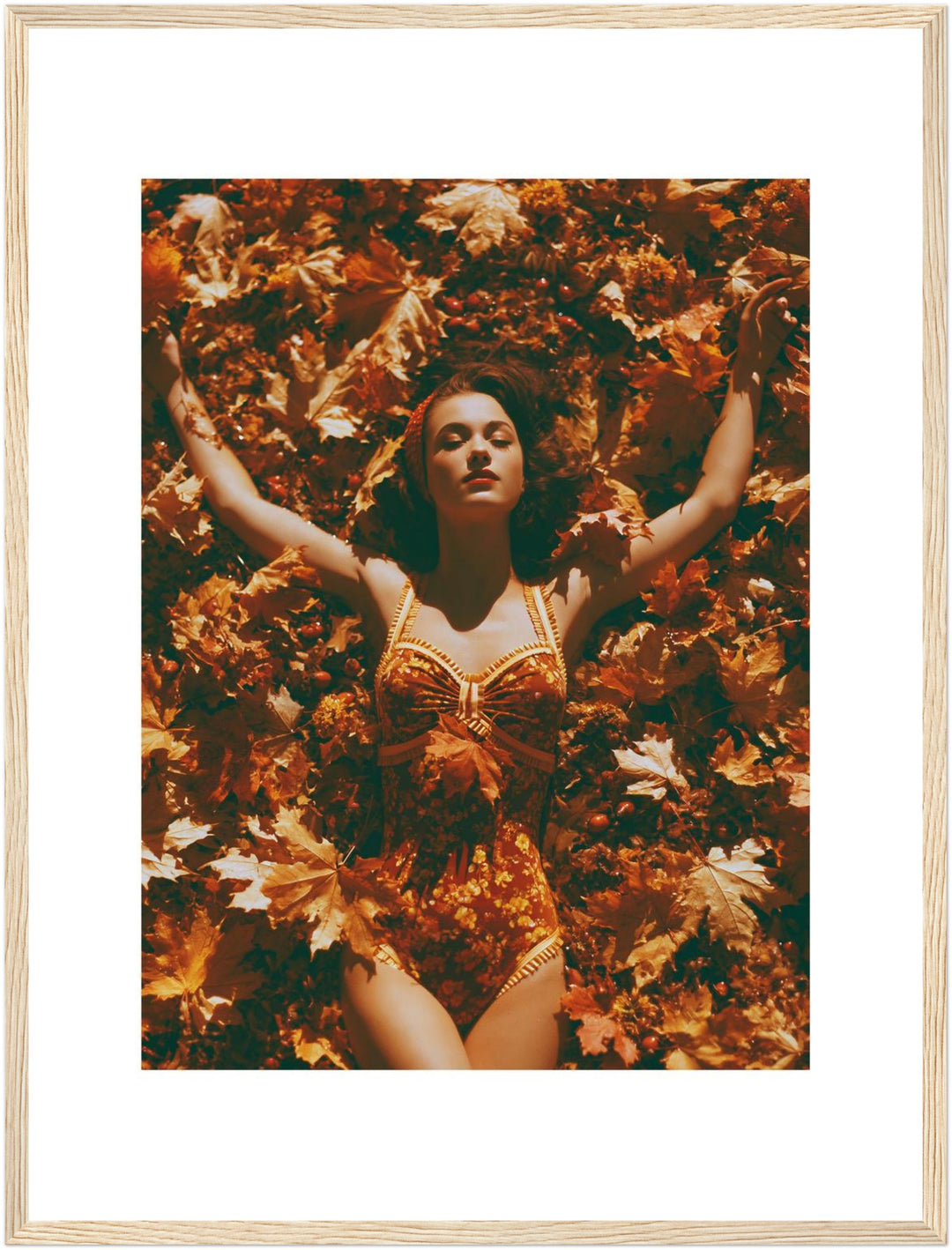 Frau in Herbstblättern Poster – Holz natur Rahmen – Produktfoto