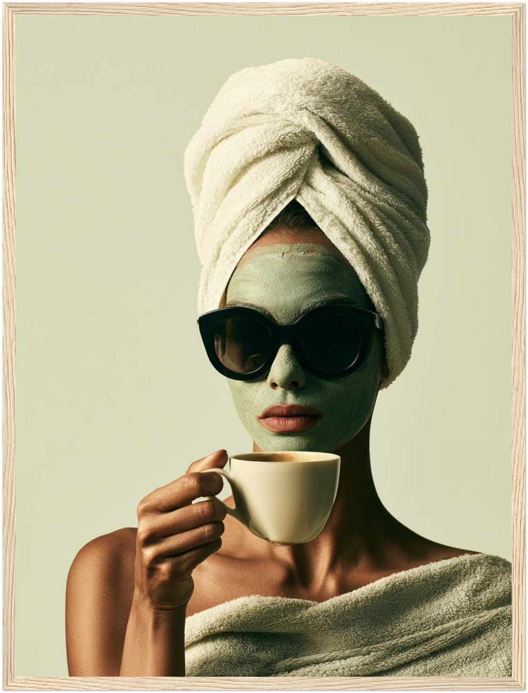 Frau mit Gesichtsmaske Kaffee Poster – Holz natur Rahmen – Produktfoto