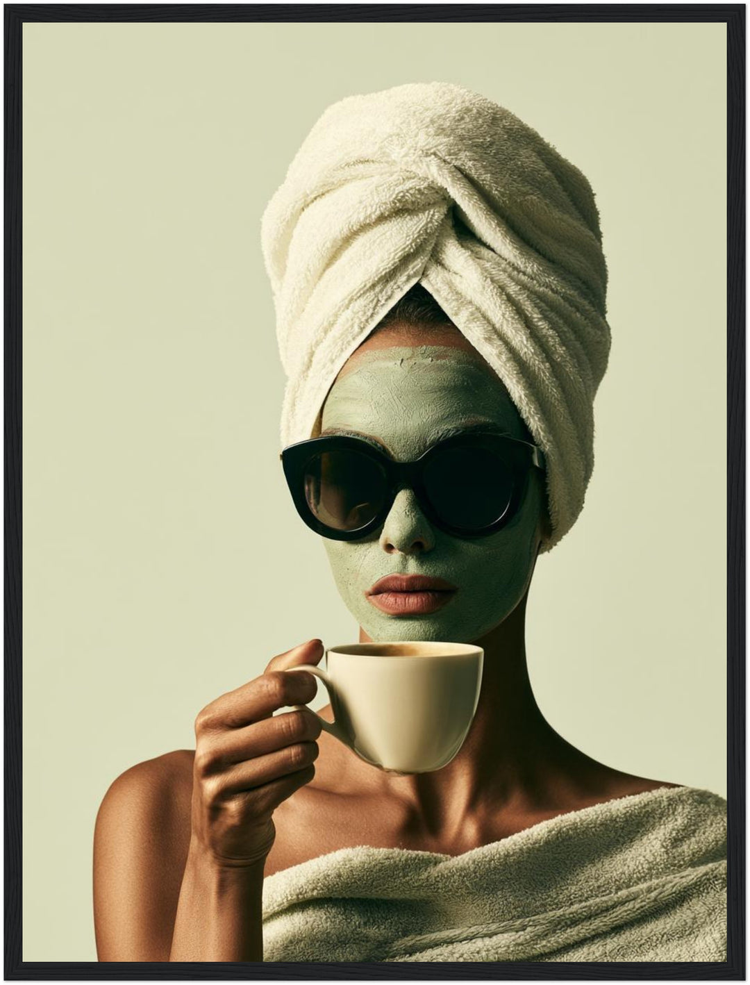 Frau mit Gesichtsmaske Kaffee Poster – Schwarzer Rahmen – Produktfoto