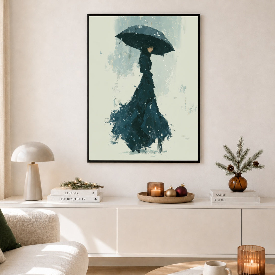 Frau im Schneesturm Poster – Schwarzer Rahmen – Produktfoto