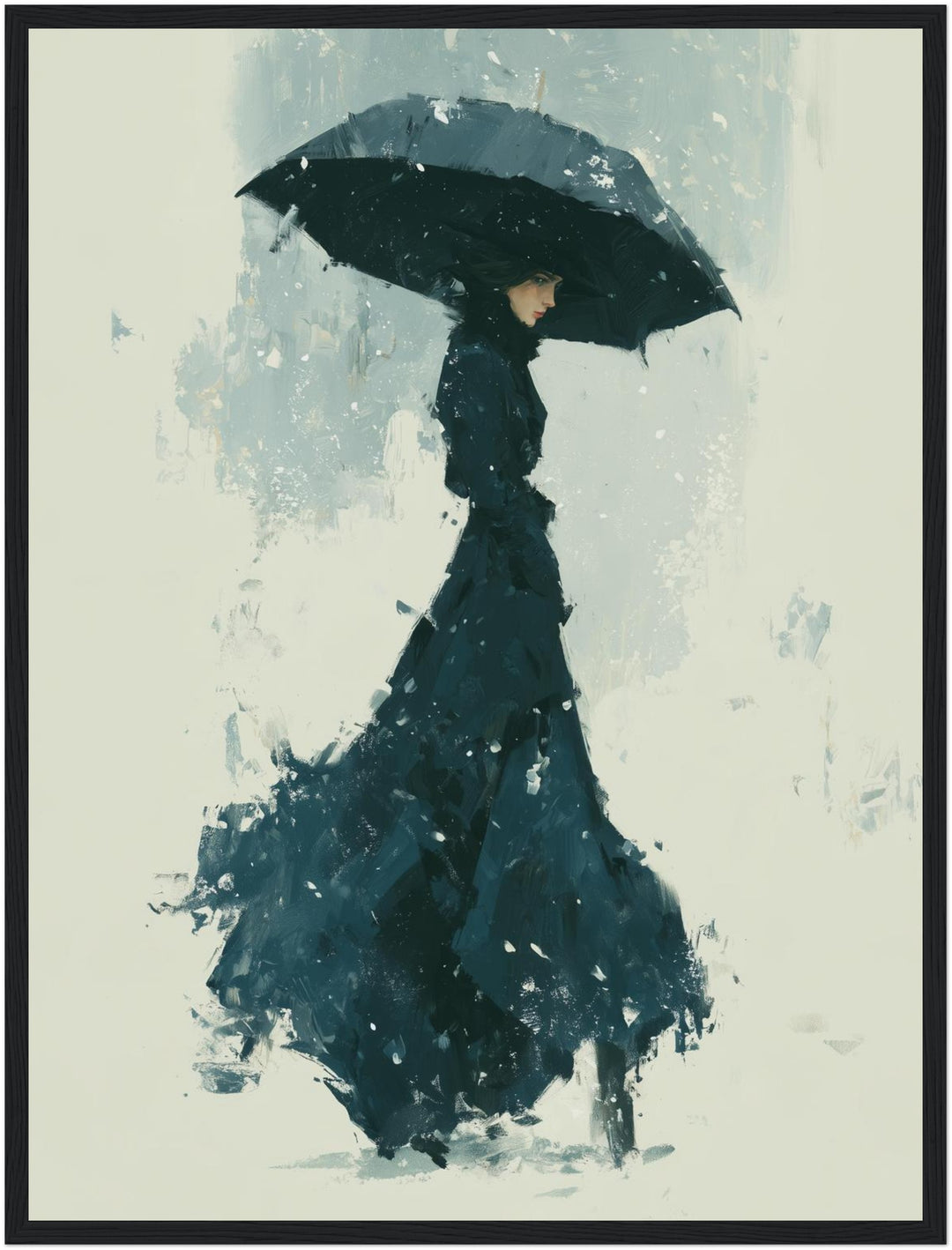 Frau im Schneesturm Poster – Schwarzer Rahmen – Produktfoto