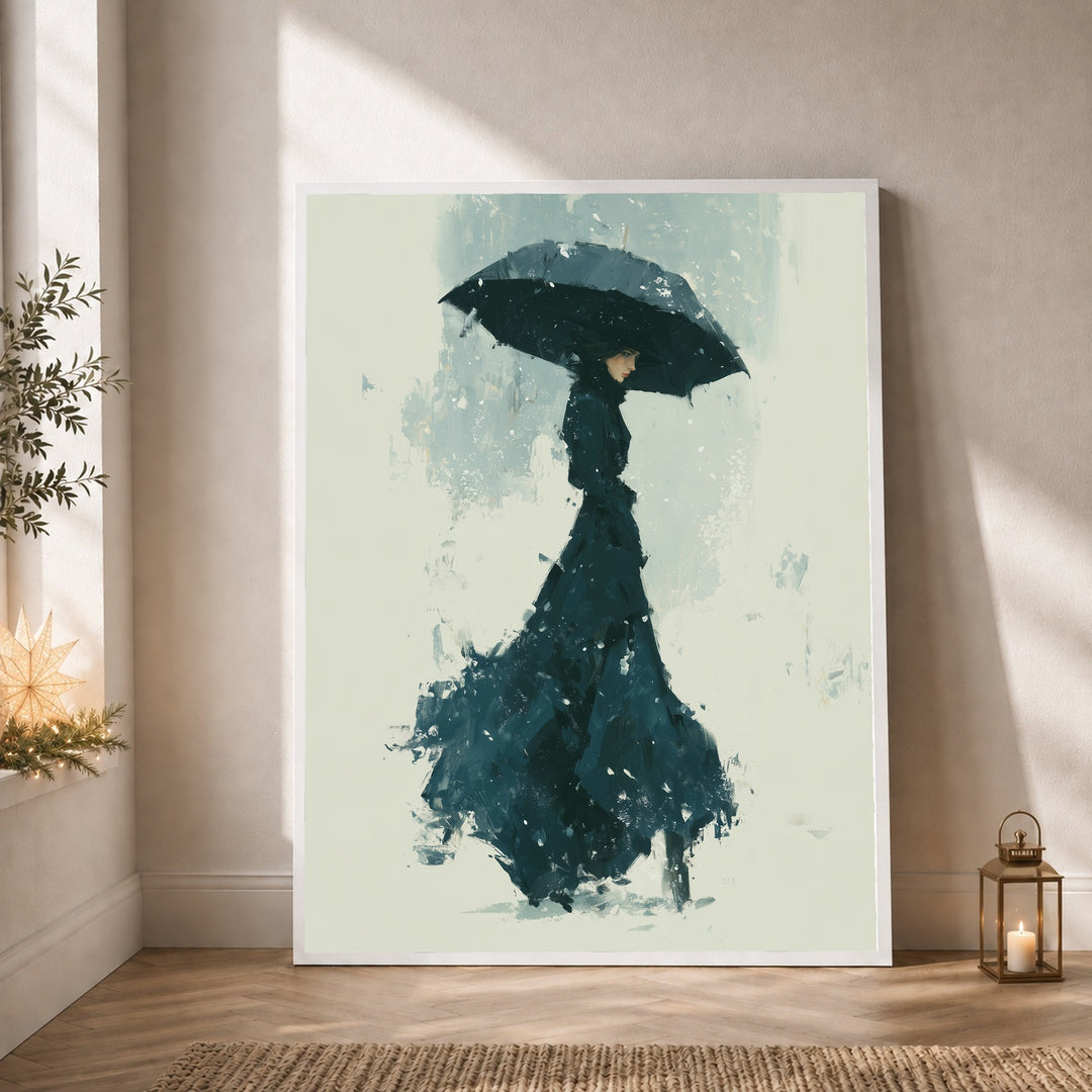 Frau im Schneesturm Poster – Weißer Rahmen – Produktfoto