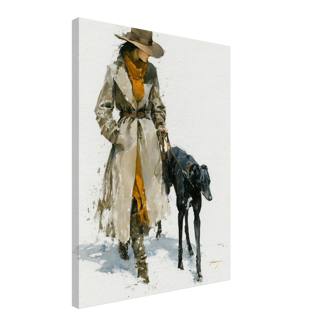 Frau mit schwarzem Windhund Leinwandbild – Schräge Ansicht – Produktfoto