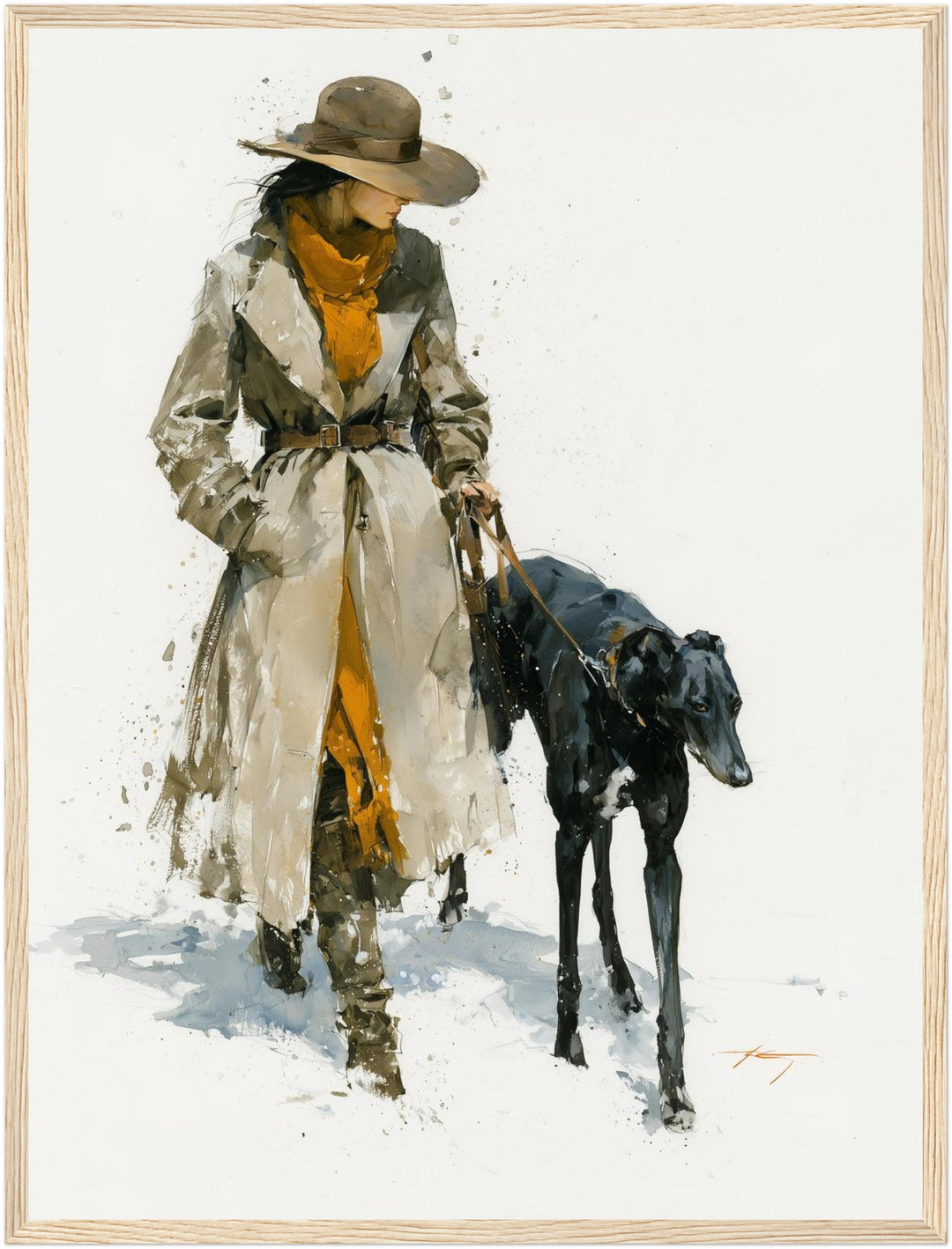 Frau mit schwarzem Windhund Poster – Holz natur Rahmen – Produktfoto