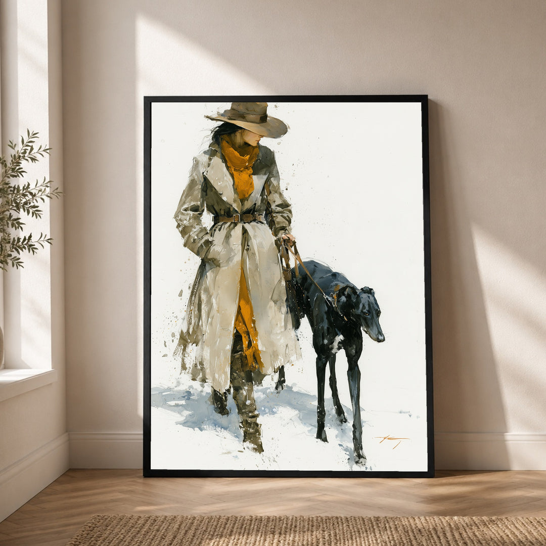 Frau mit schwarzem Windhund Poster – Schwarzer Rahmen – Produktfoto