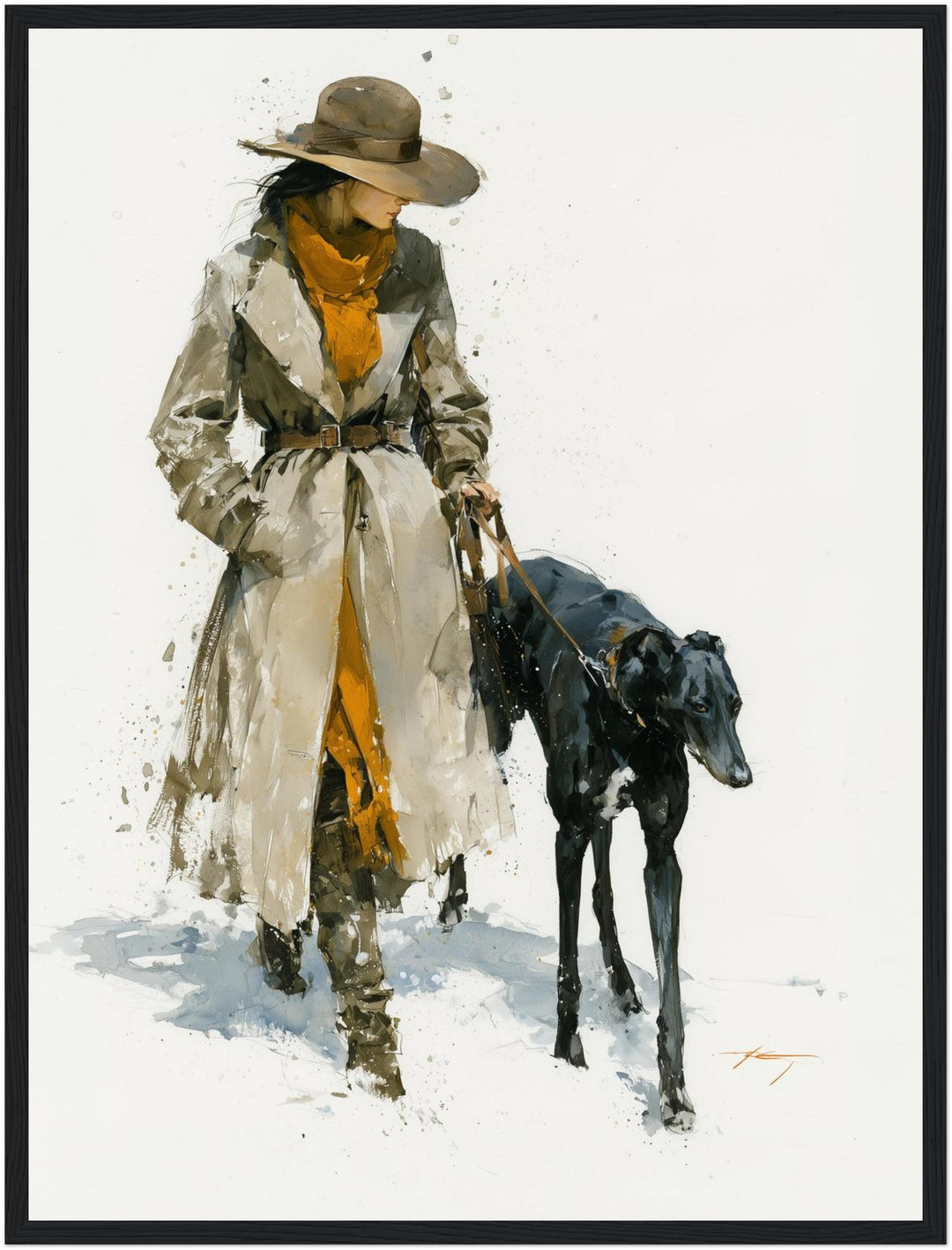 Frau mit schwarzem Windhund Poster – Schwarzer Rahmen – Produktfoto