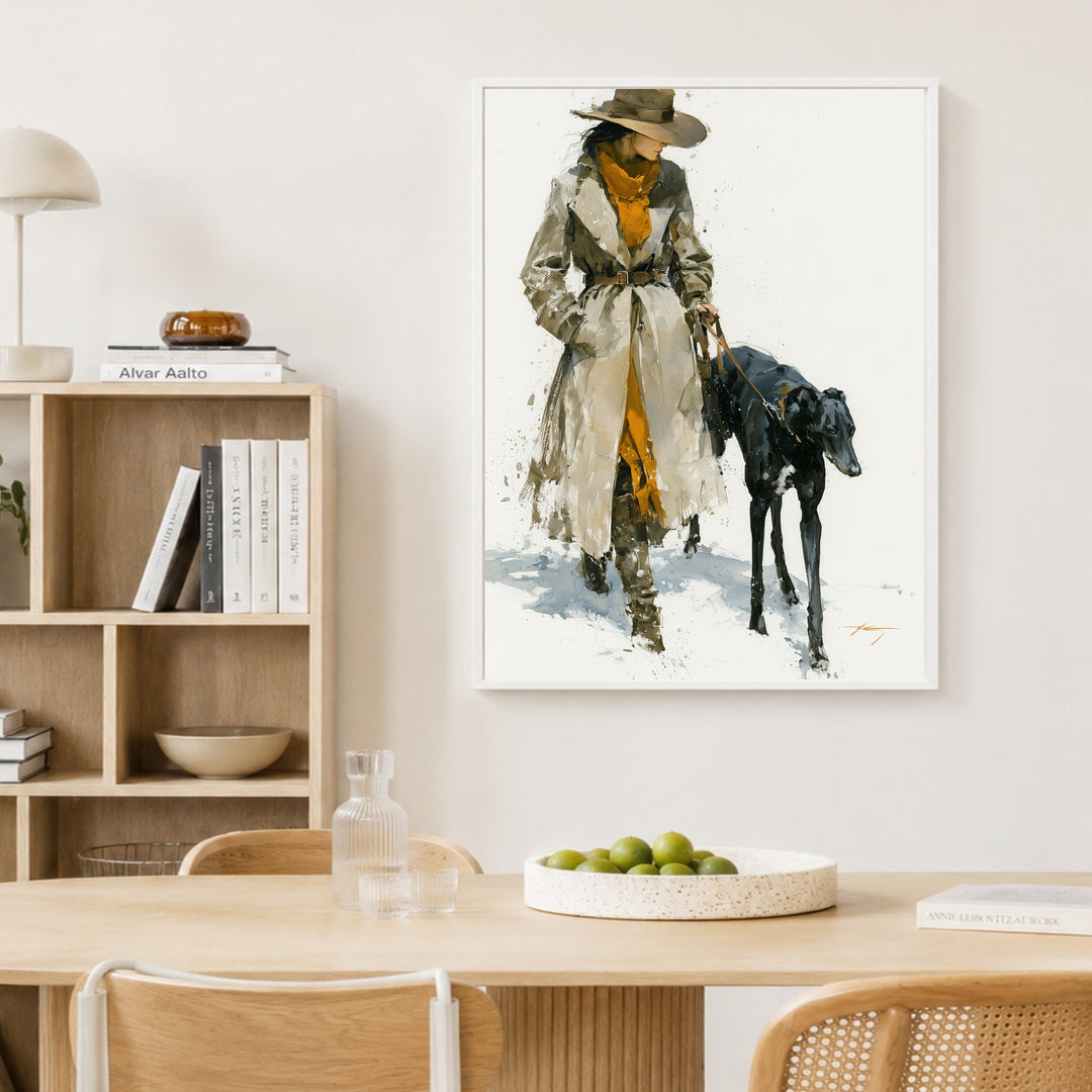 Frau mit schwarzem Windhund Poster – Weißer Rahmen – Produktfoto