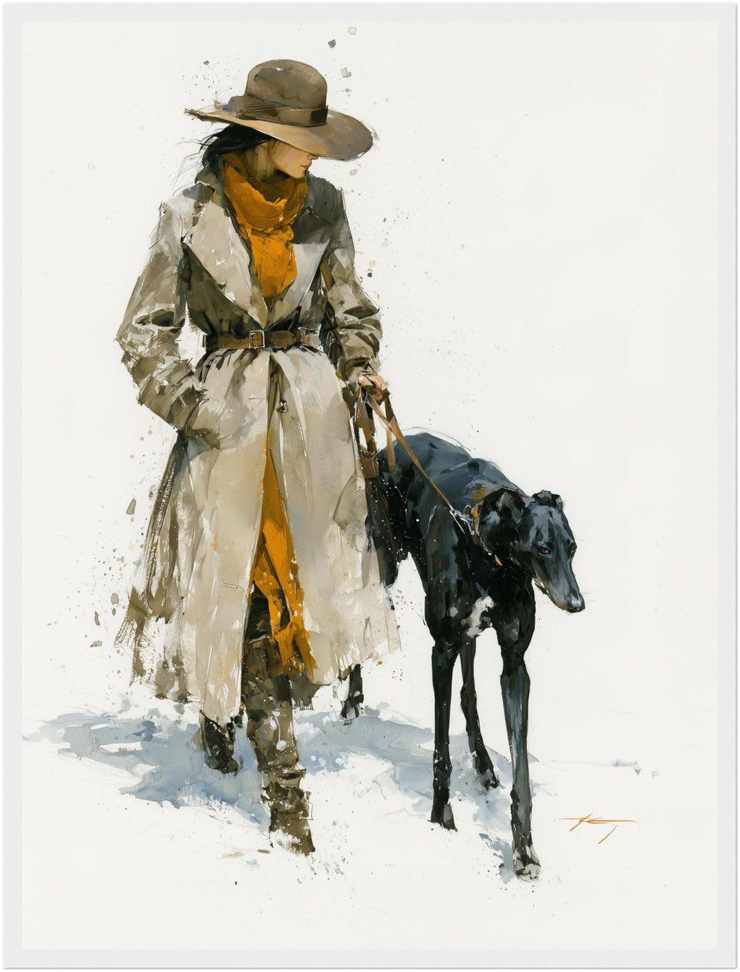 Frau mit schwarzem Windhund Poster – Weißer Rahmen – Produktfoto