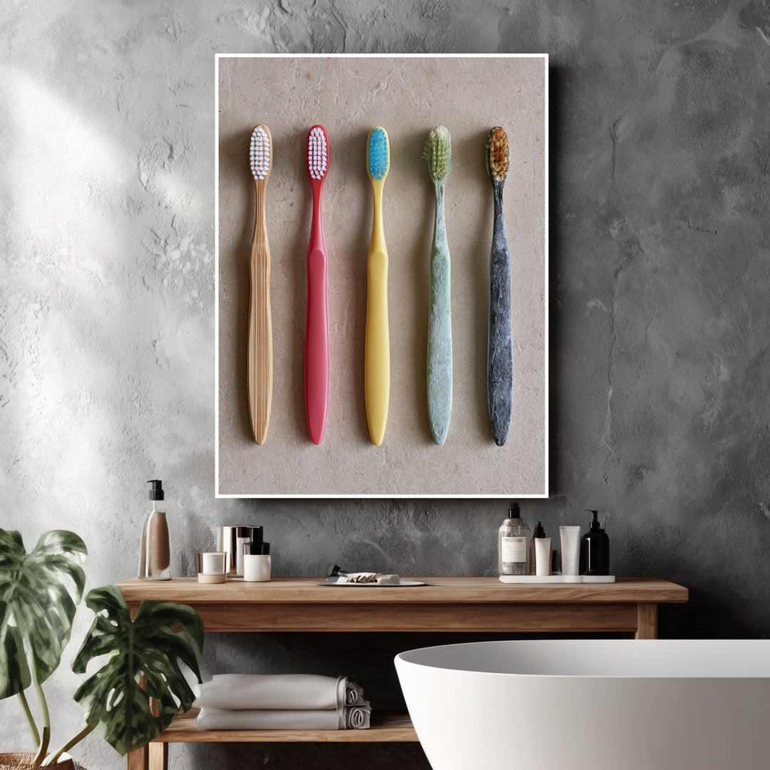 Fünf Zahnbürsten Stillleben Poster – Weißer Rahmen – Produktfoto