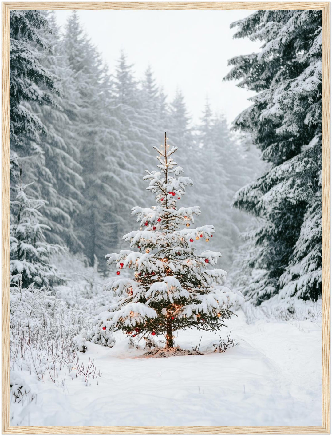 Verschneiter Weihnachtsbaum im Wald Poster – Holz natur Rahmen – Produktfoto