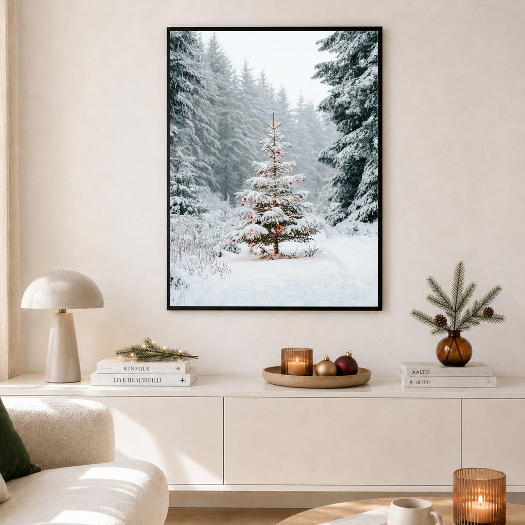 Verschneiter Weihnachtsbaum im Wald Poster – Schwarzer Rahmen – Produktfoto