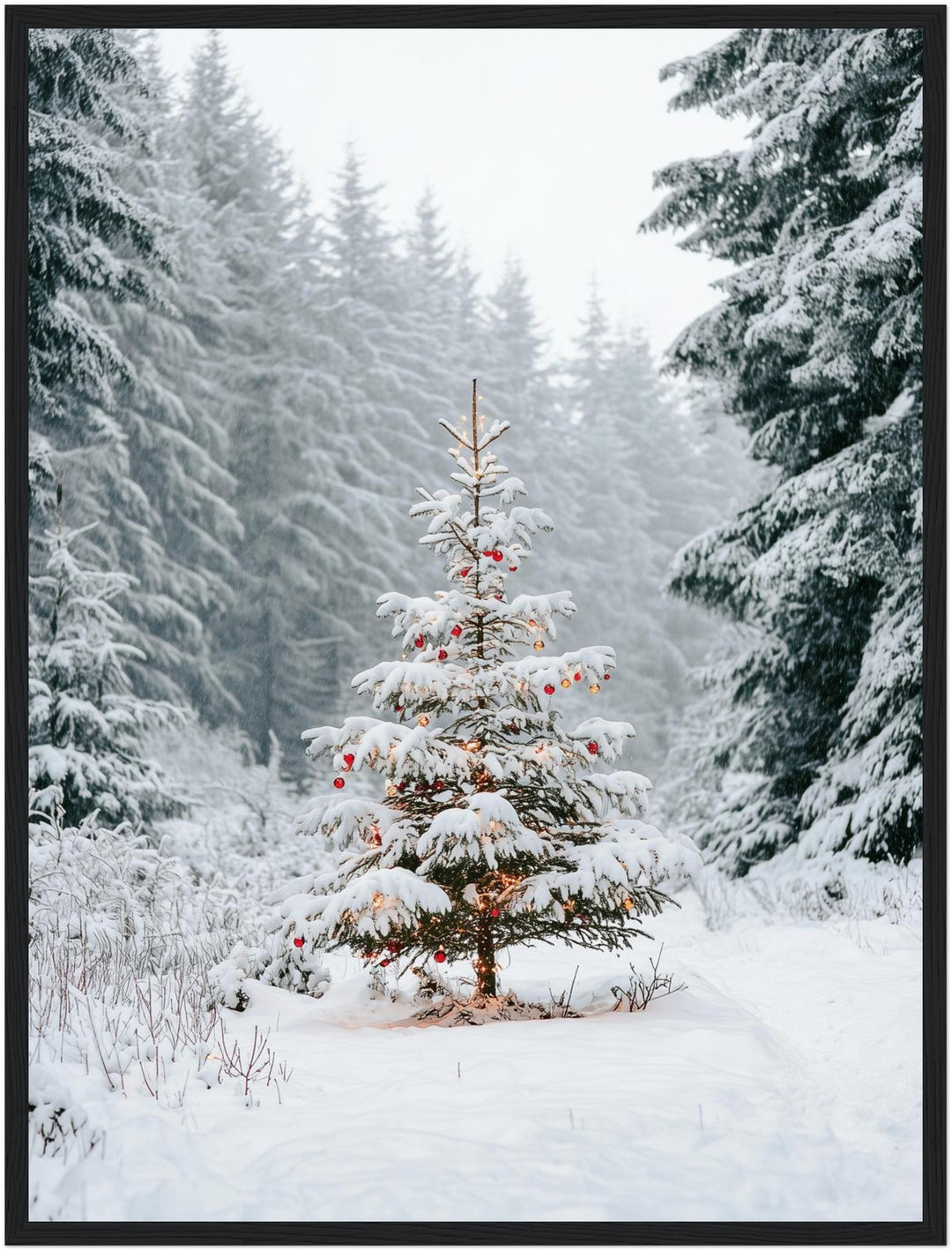 Verschneiter Weihnachtsbaum im Wald Poster – Schwarzer Rahmen – Produktfoto