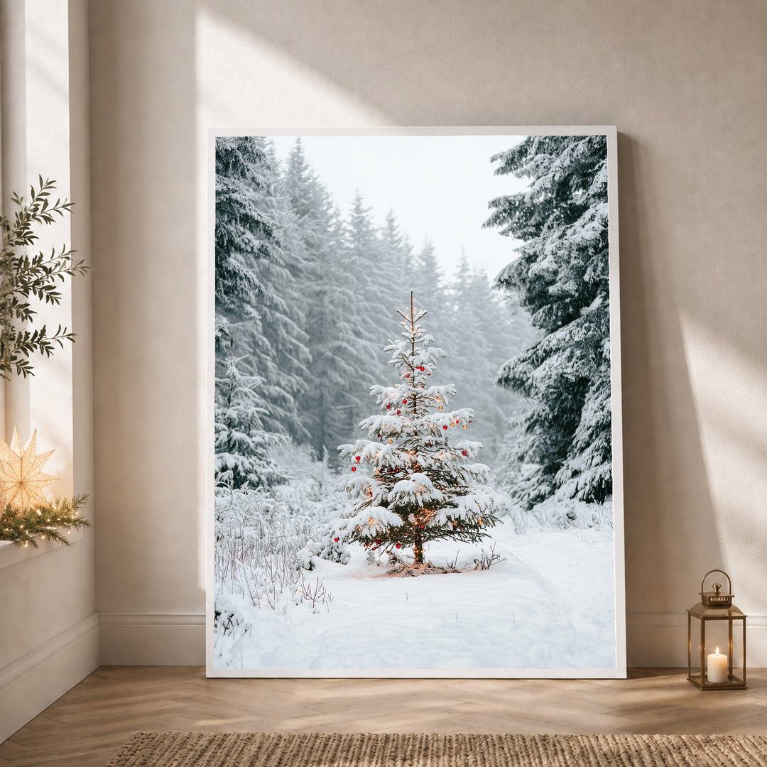 Verschneiter Weihnachtsbaum im Wald Poster – Weißer Rahmen – Produktfoto