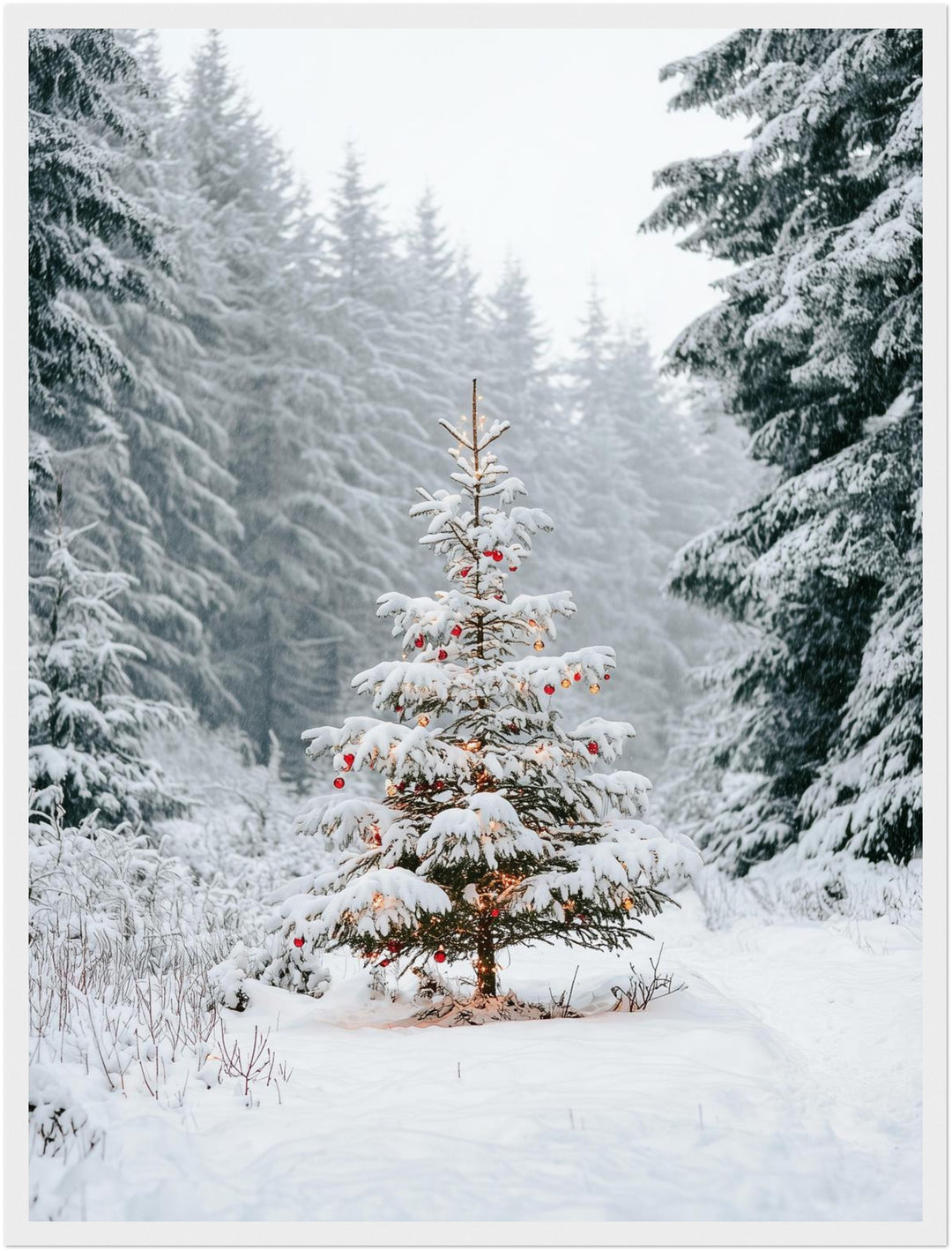 Verschneiter Weihnachtsbaum im Wald Poster – Weißer Rahmen – Produktfoto
