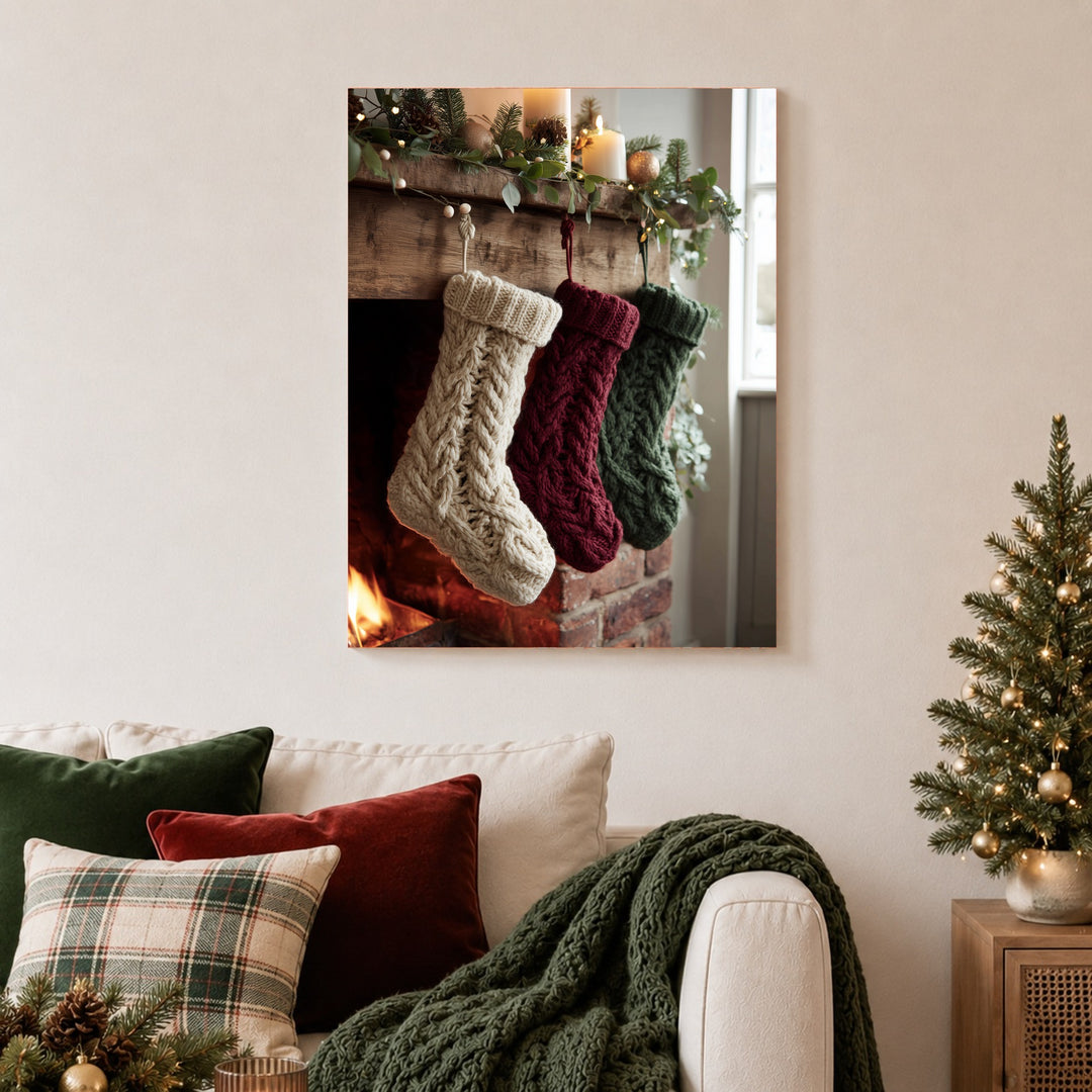 Weihnachtsstrümpfe am Kamin Leinwandbild – Ohne Rahmen – Produktfoto