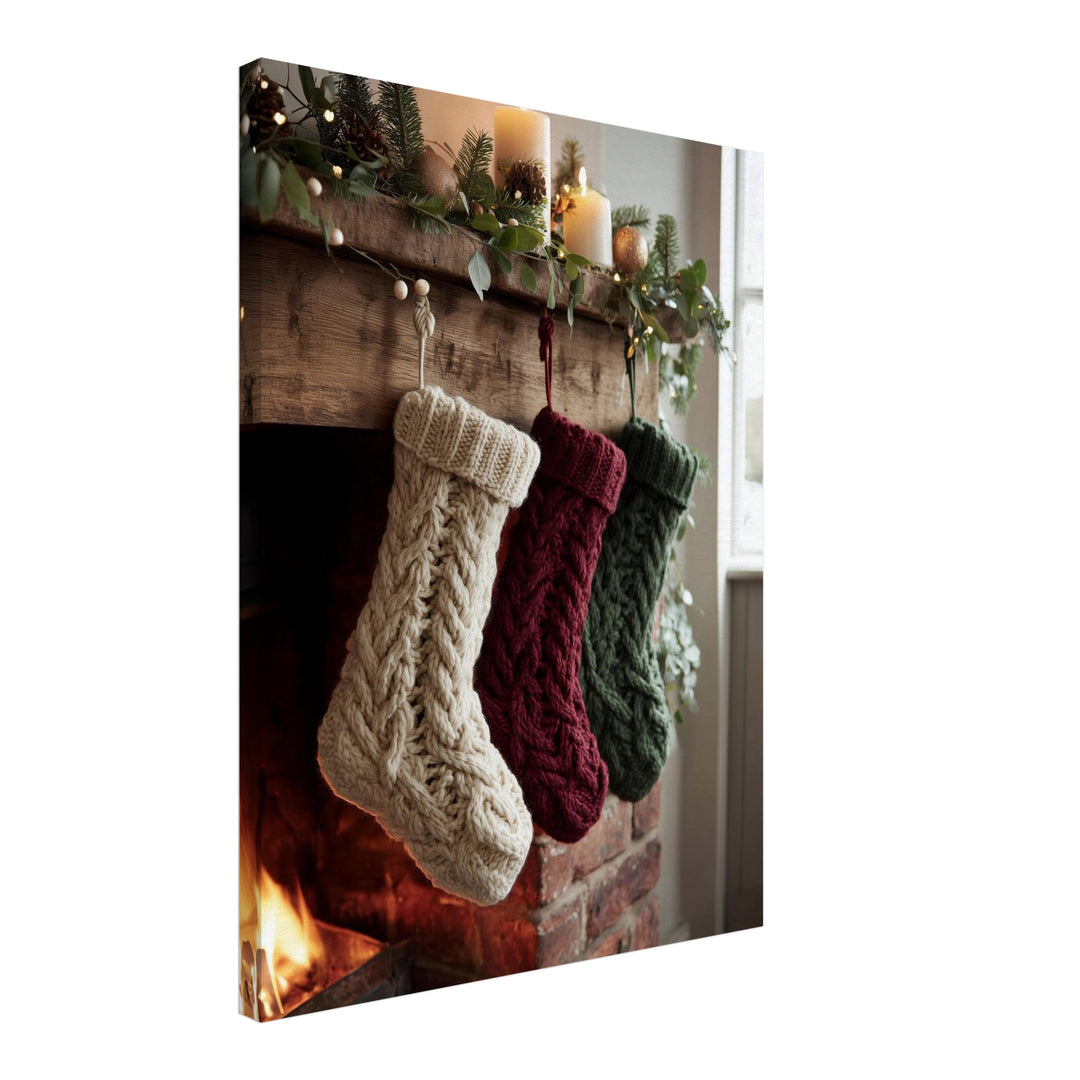 Weihnachtsstrümpfe am Kamin Leinwandbild – Schräge Ansicht – Produktfoto
