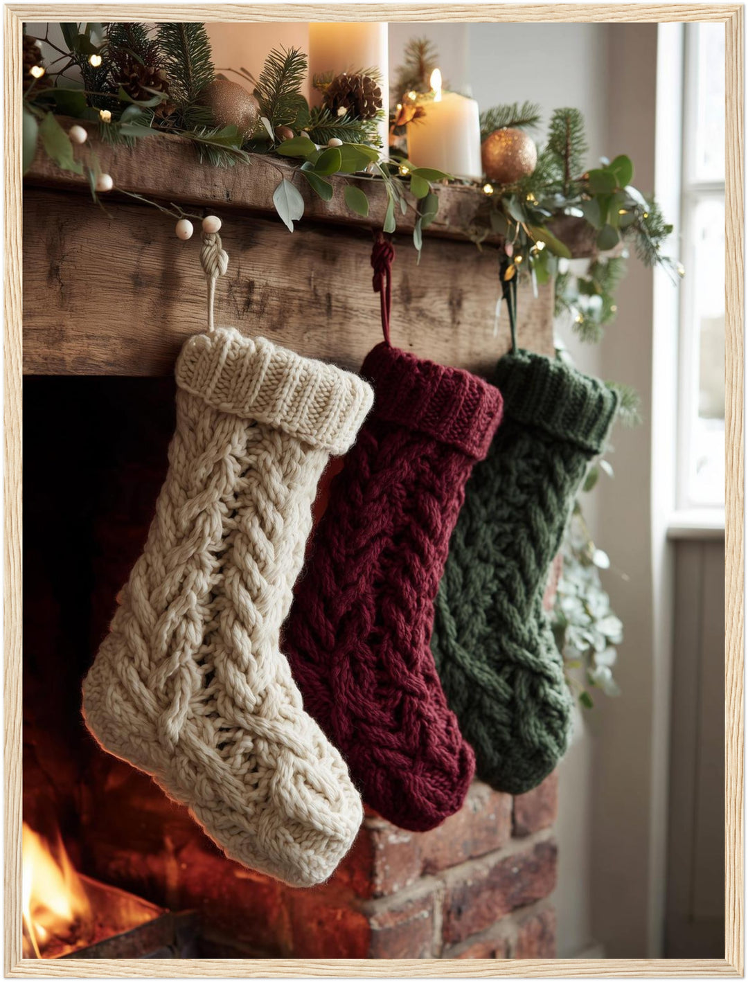 Weihnachtsstrümpfe am Kamin Poster – Holz natur Rahmen – Produktfoto