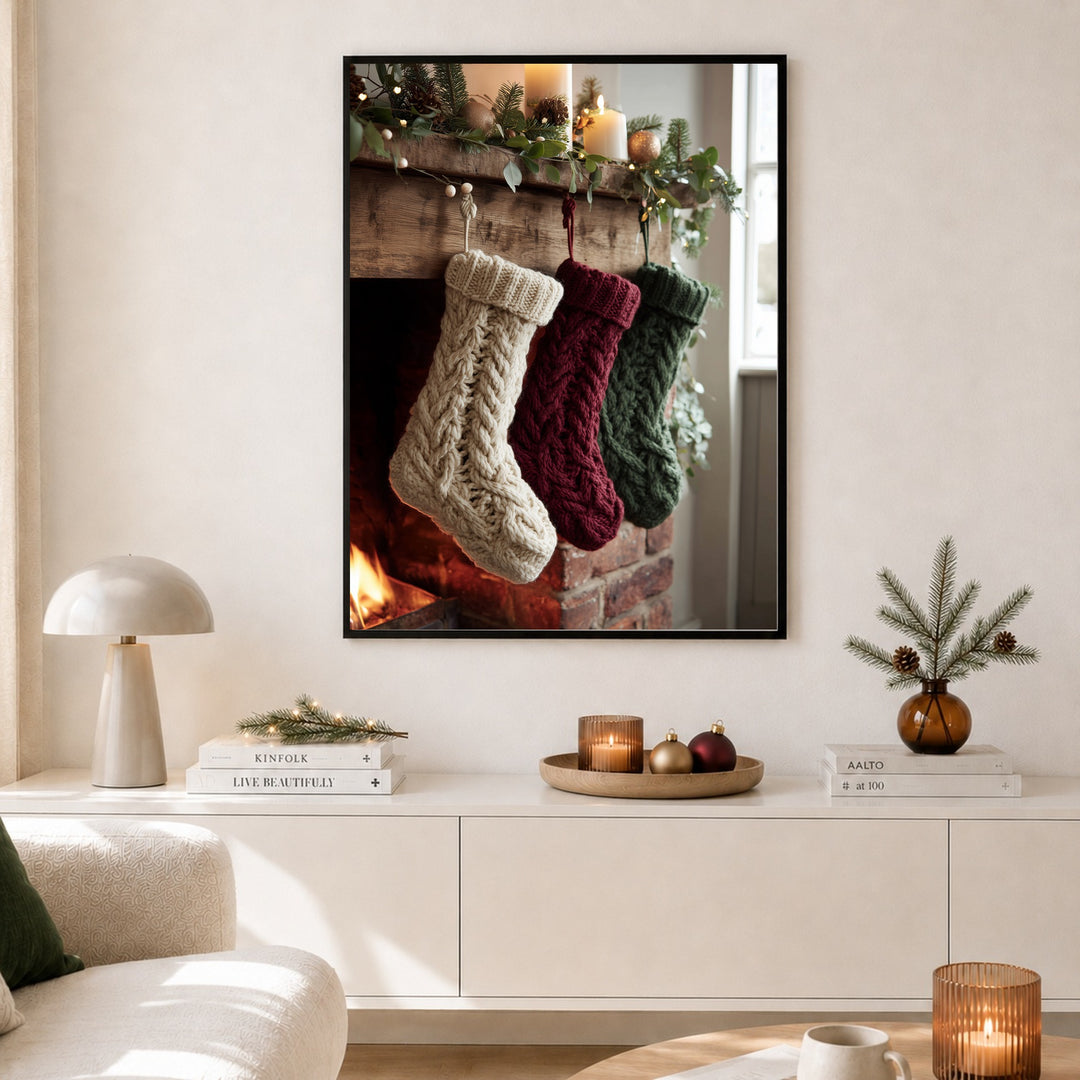 Weihnachtsstrümpfe am Kamin Poster – Schwarzer Rahmen – Produktfoto