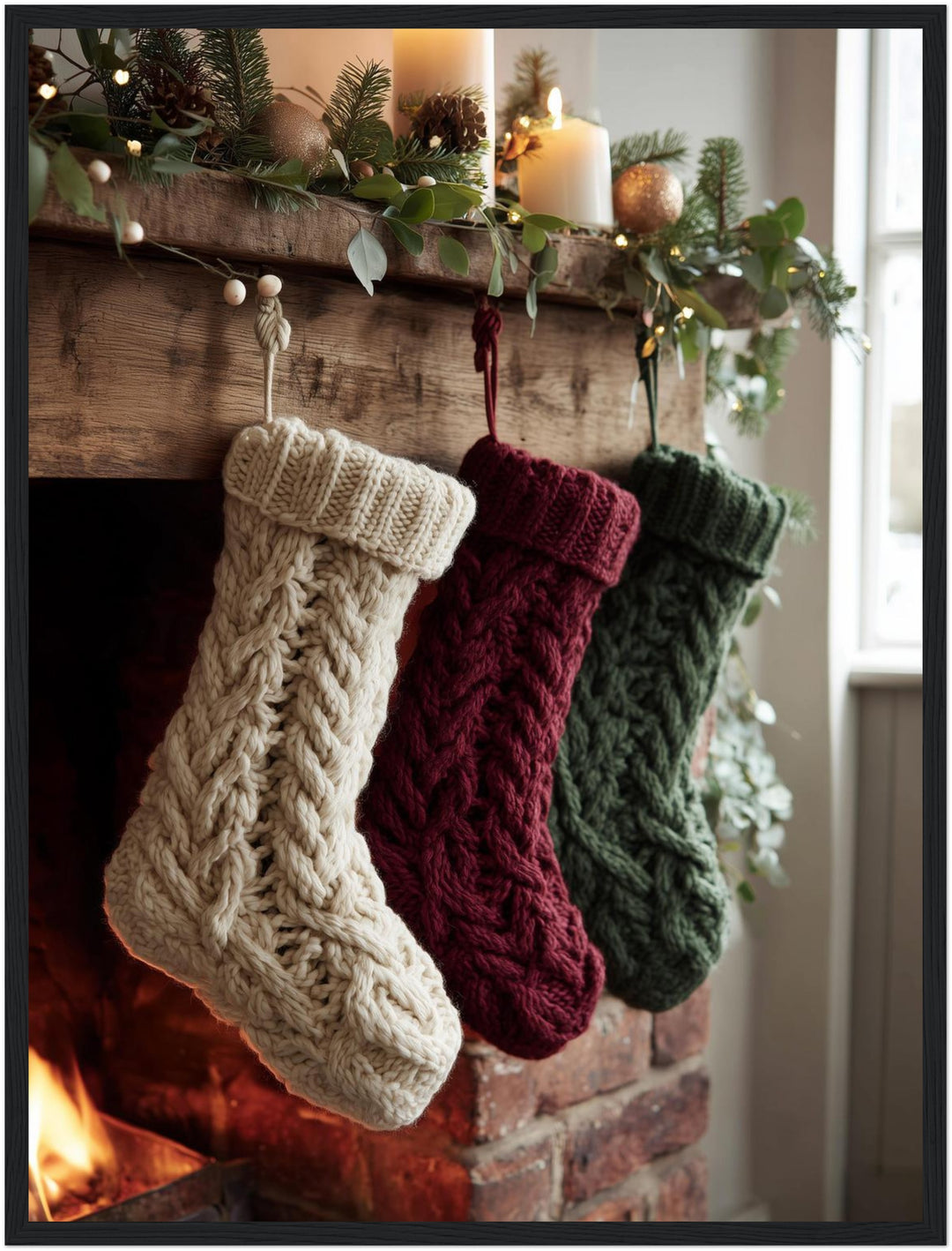 Weihnachtsstrümpfe am Kamin Poster – Schwarzer Rahmen – Produktfoto