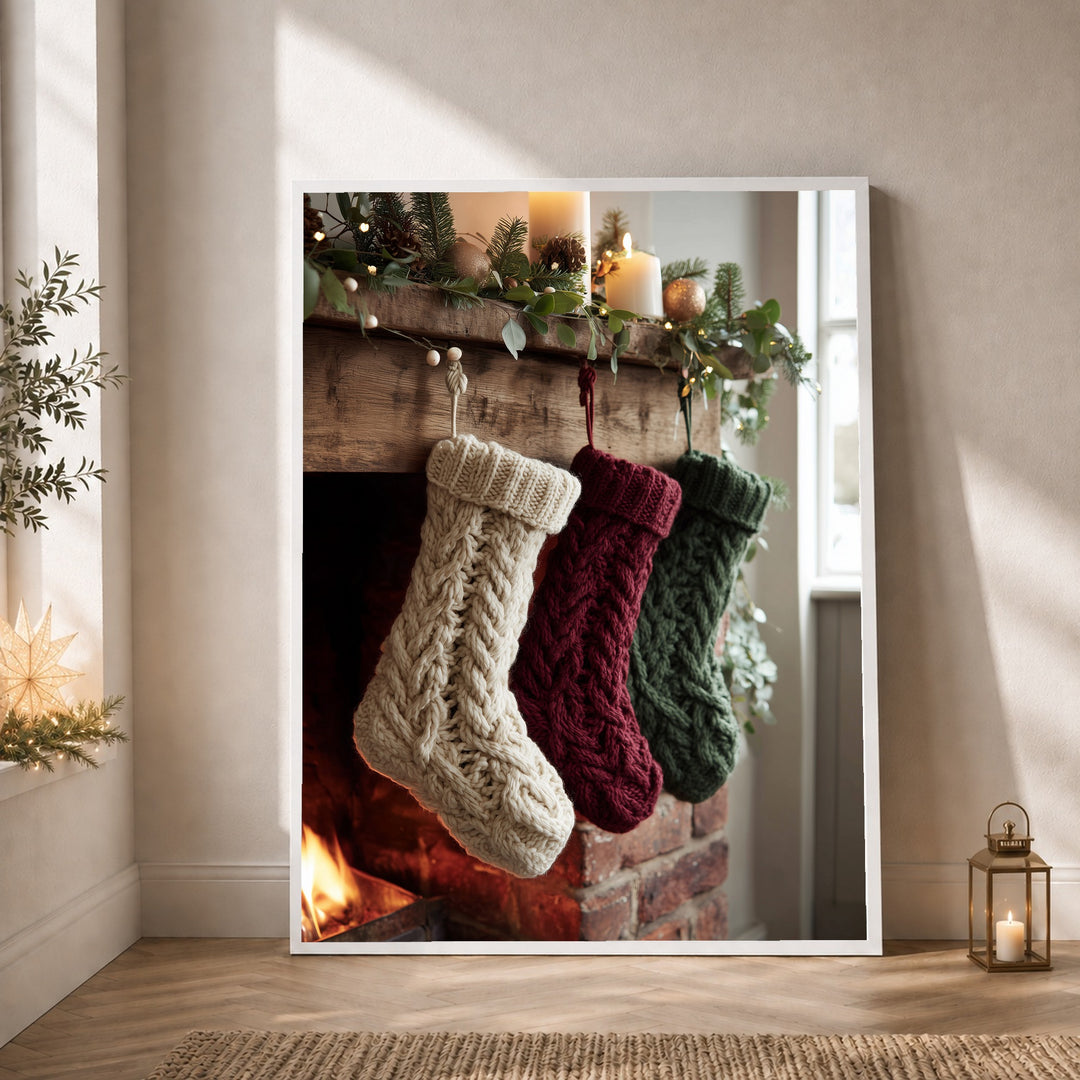 Weihnachtsstrümpfe am Kamin Poster – Weißer Rahmen – Produktfoto