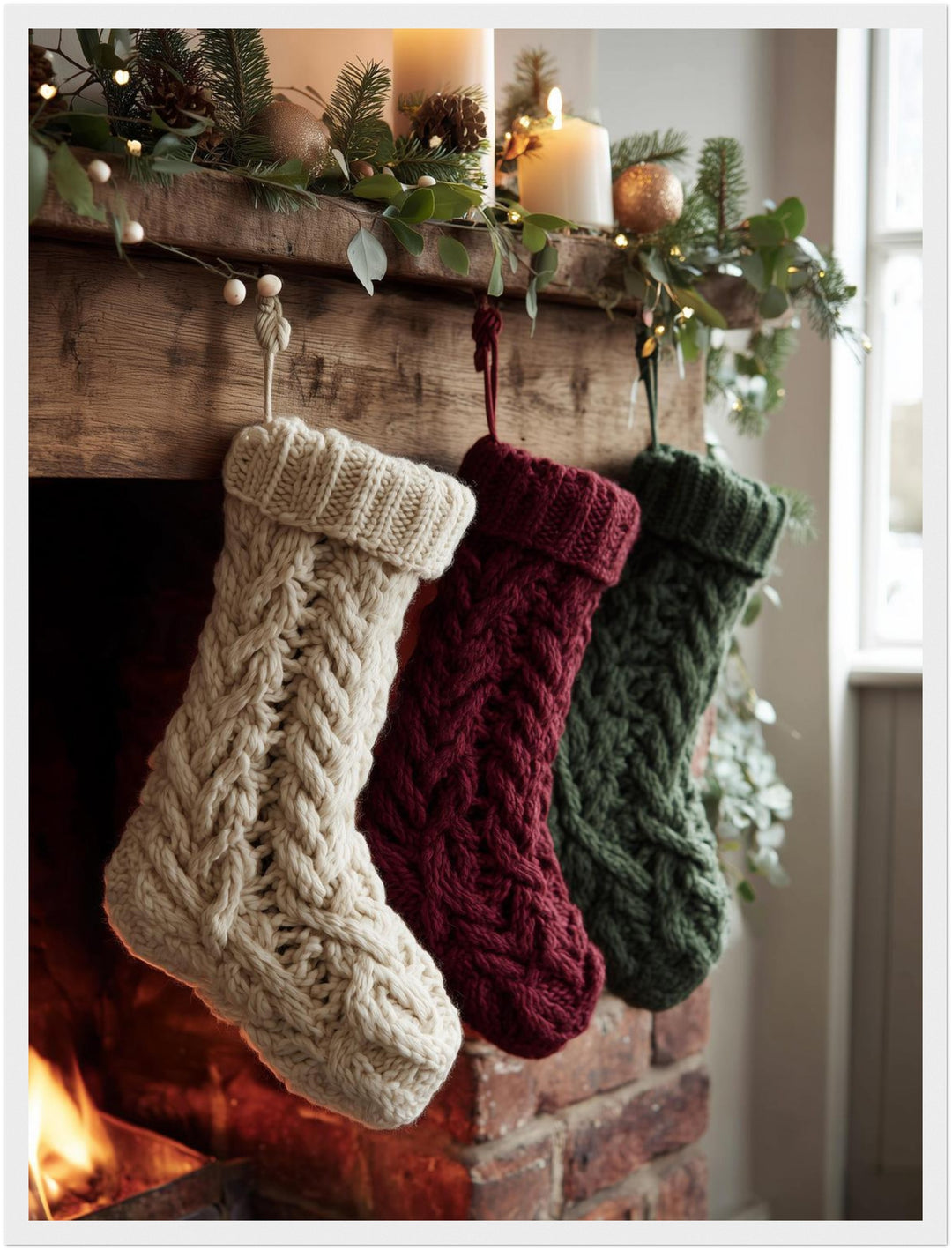 Weihnachtsstrümpfe am Kamin Poster – Weißer Rahmen – Produktfoto