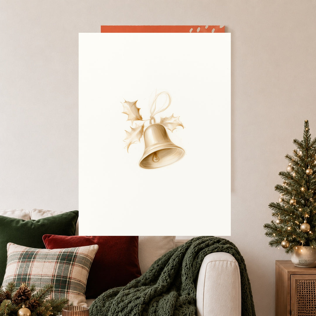 Goldene Weihnachtsglocke mit Stechpalme Leinwandbild – Ohne Rahmen – Produktfoto