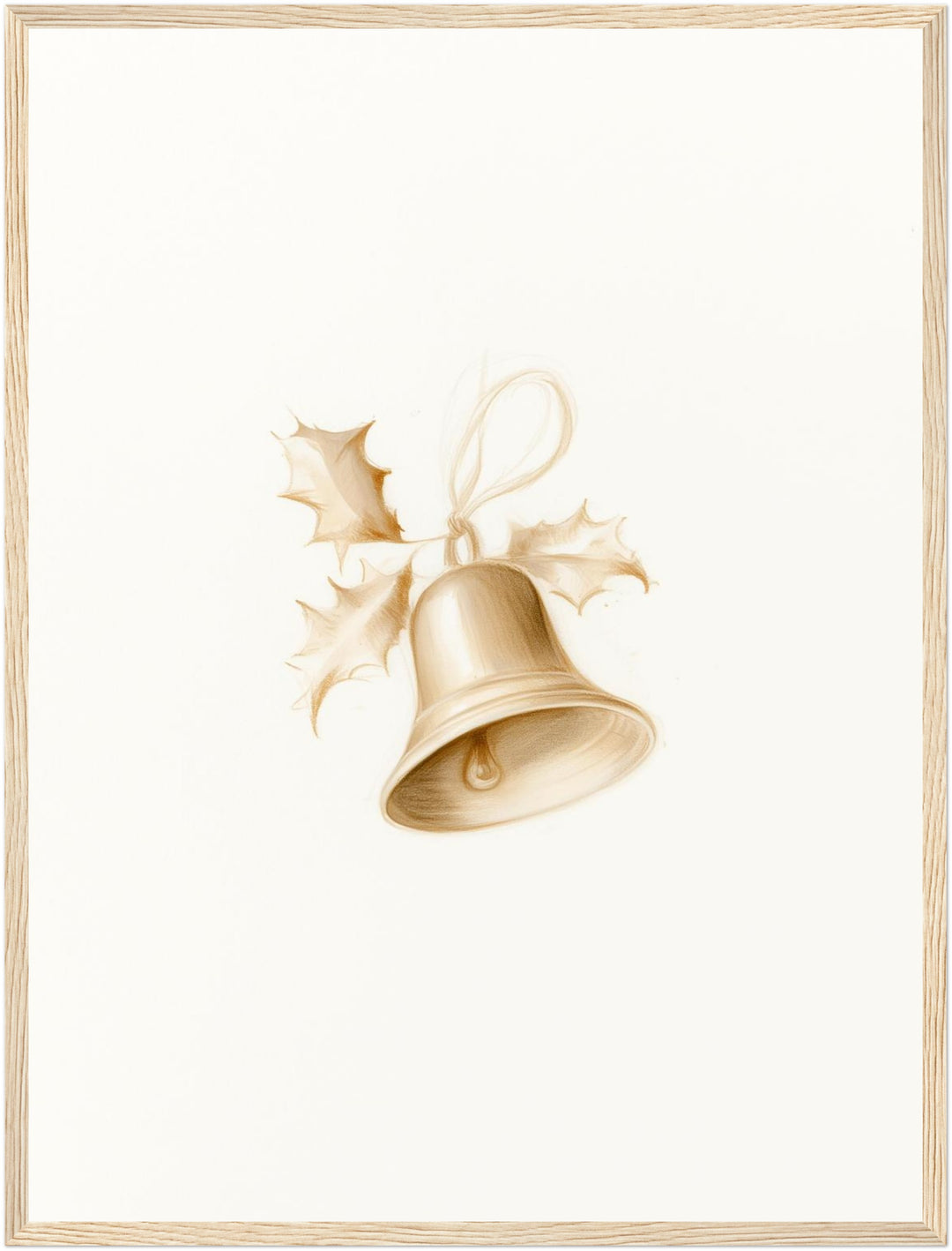Goldene Weihnachtsglocke mit Stechpalme Poster – Holz natur Rahmen – Produktfoto