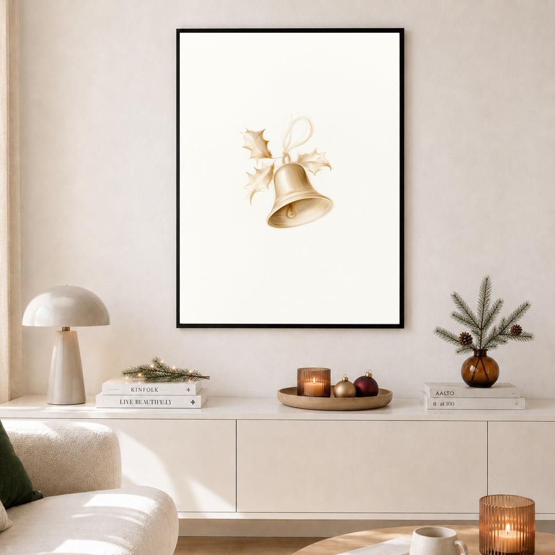 Goldene Weihnachtsglocke mit Stechpalme Poster – Schwarzer Rahmen – Produktfoto
