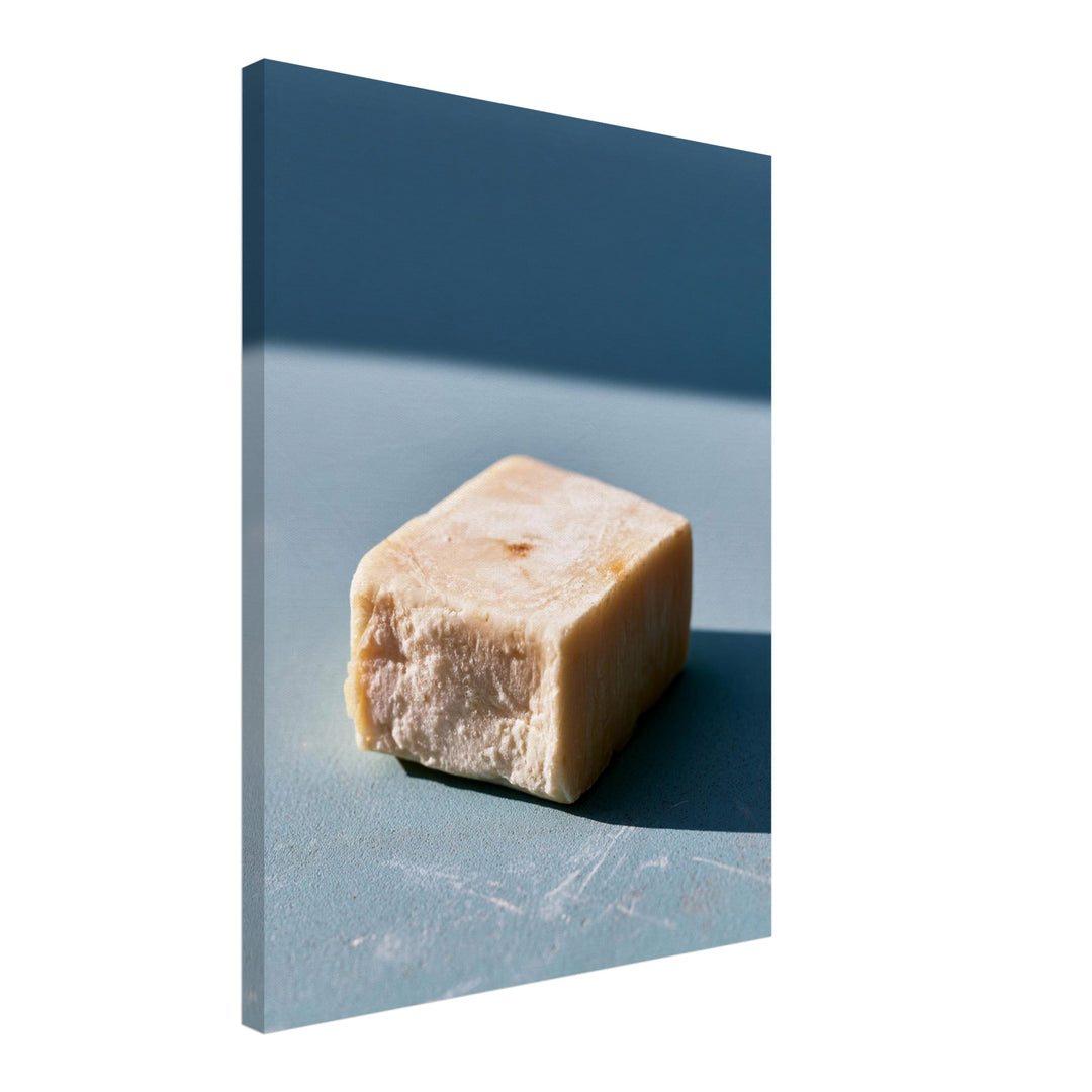 Goldener Seifenwürfel nah Leinwandbild – Schräge Ansicht – Produktfoto