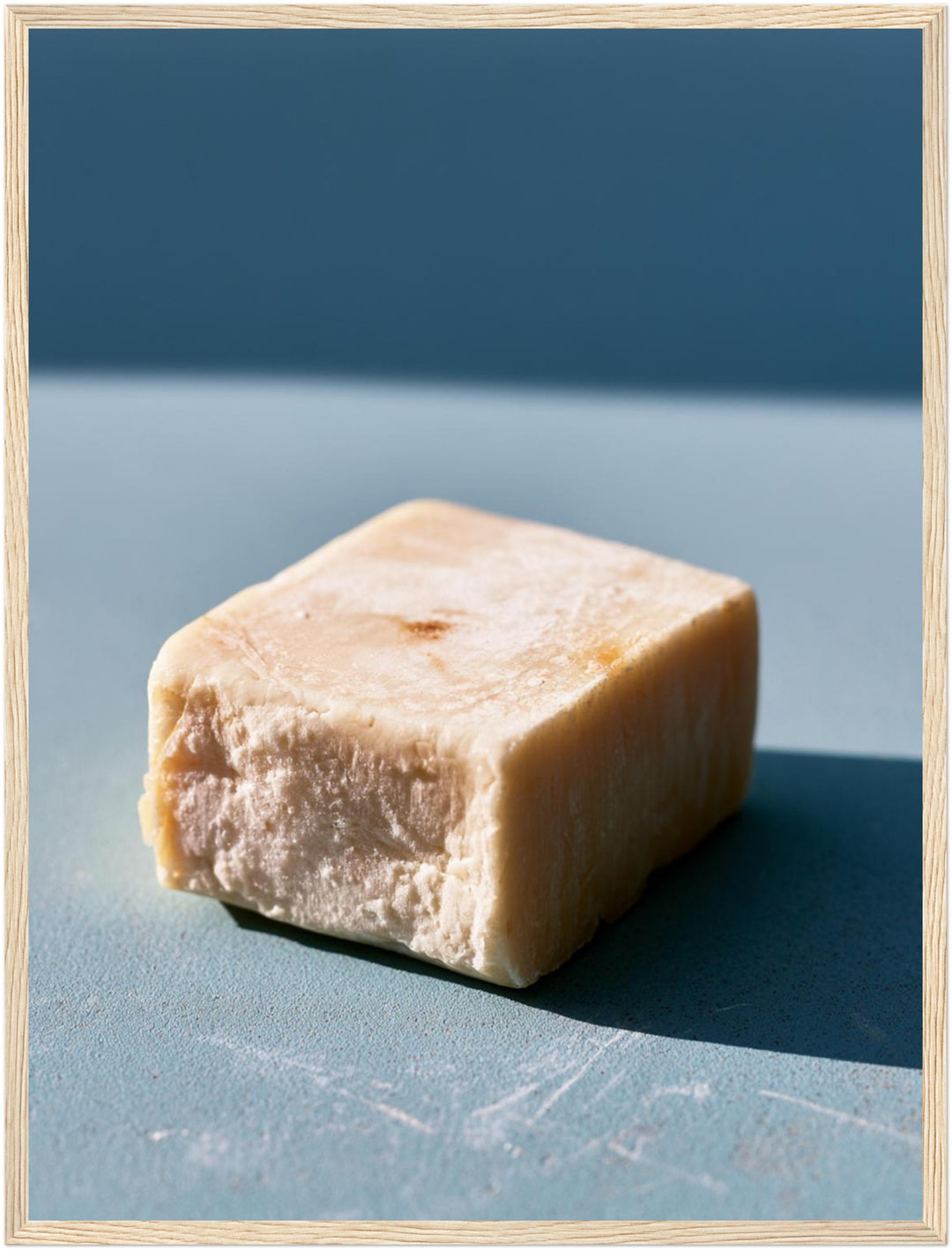 Goldener Seifenwürfel nah Poster – Holz natur Rahmen – Produktfoto