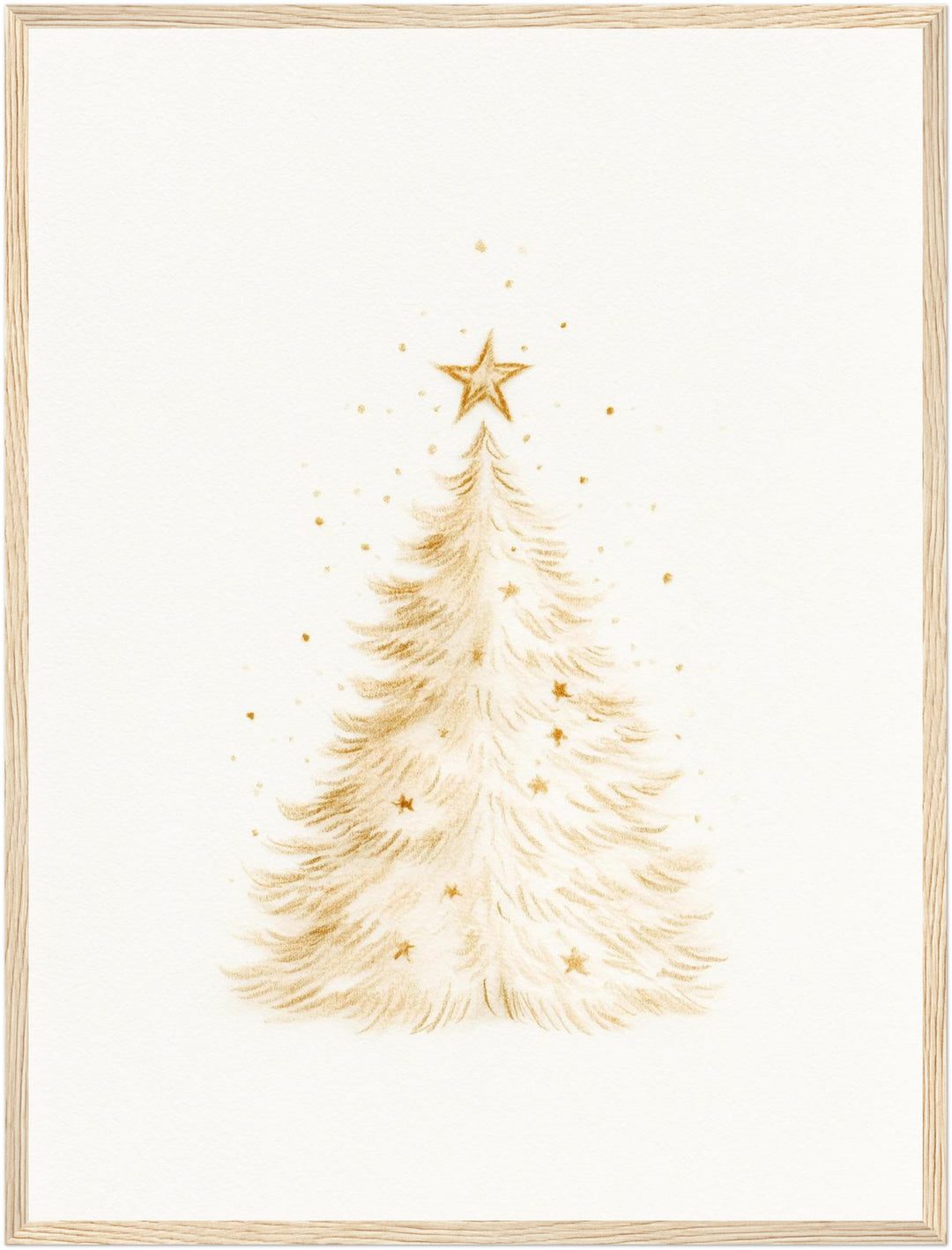 Goldener Weihnachtsbaum im Schnee Poster – Holz natur Rahmen – Produktfoto