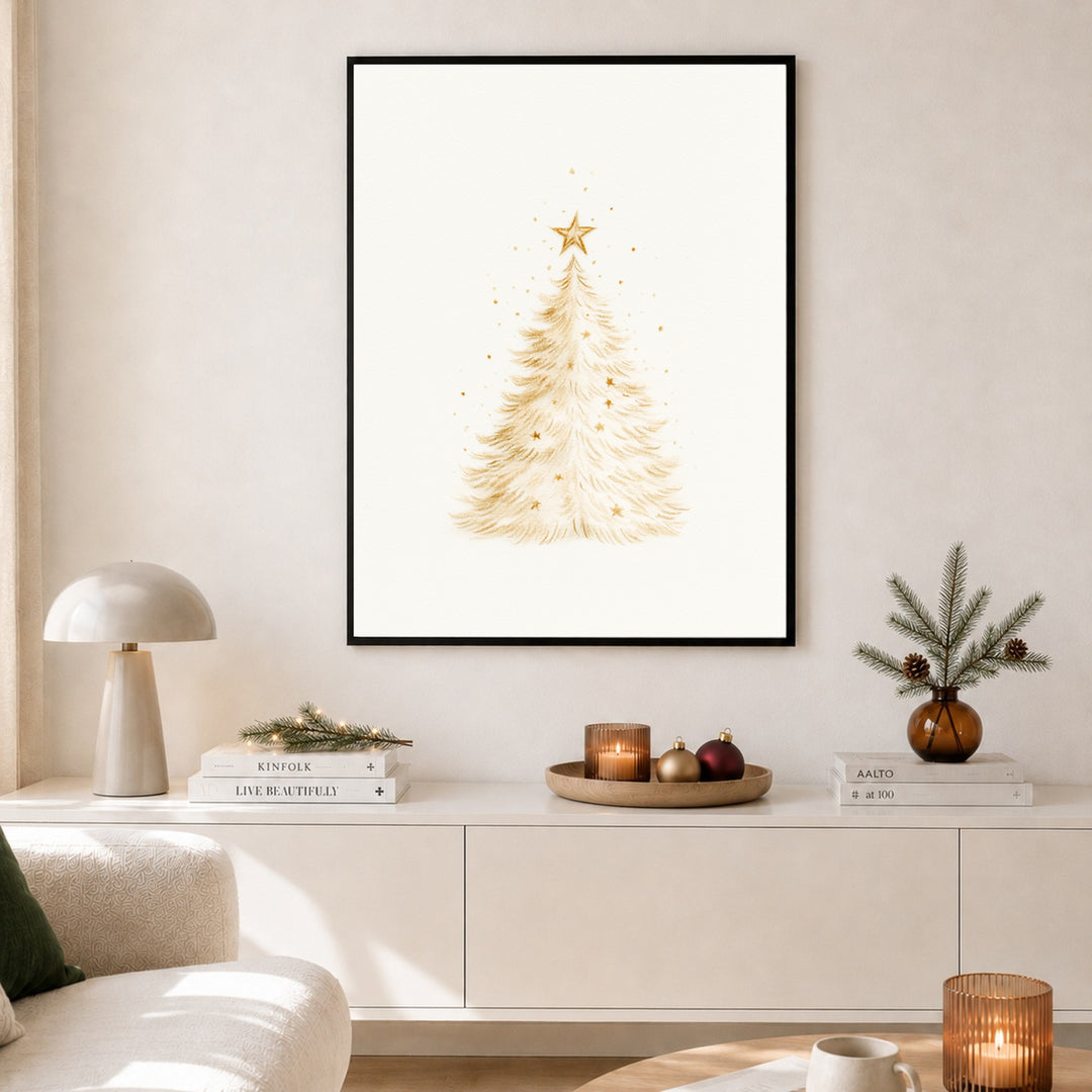 Goldener Weihnachtsbaum im Schnee Poster – Schwarzer Rahmen – Produktfoto