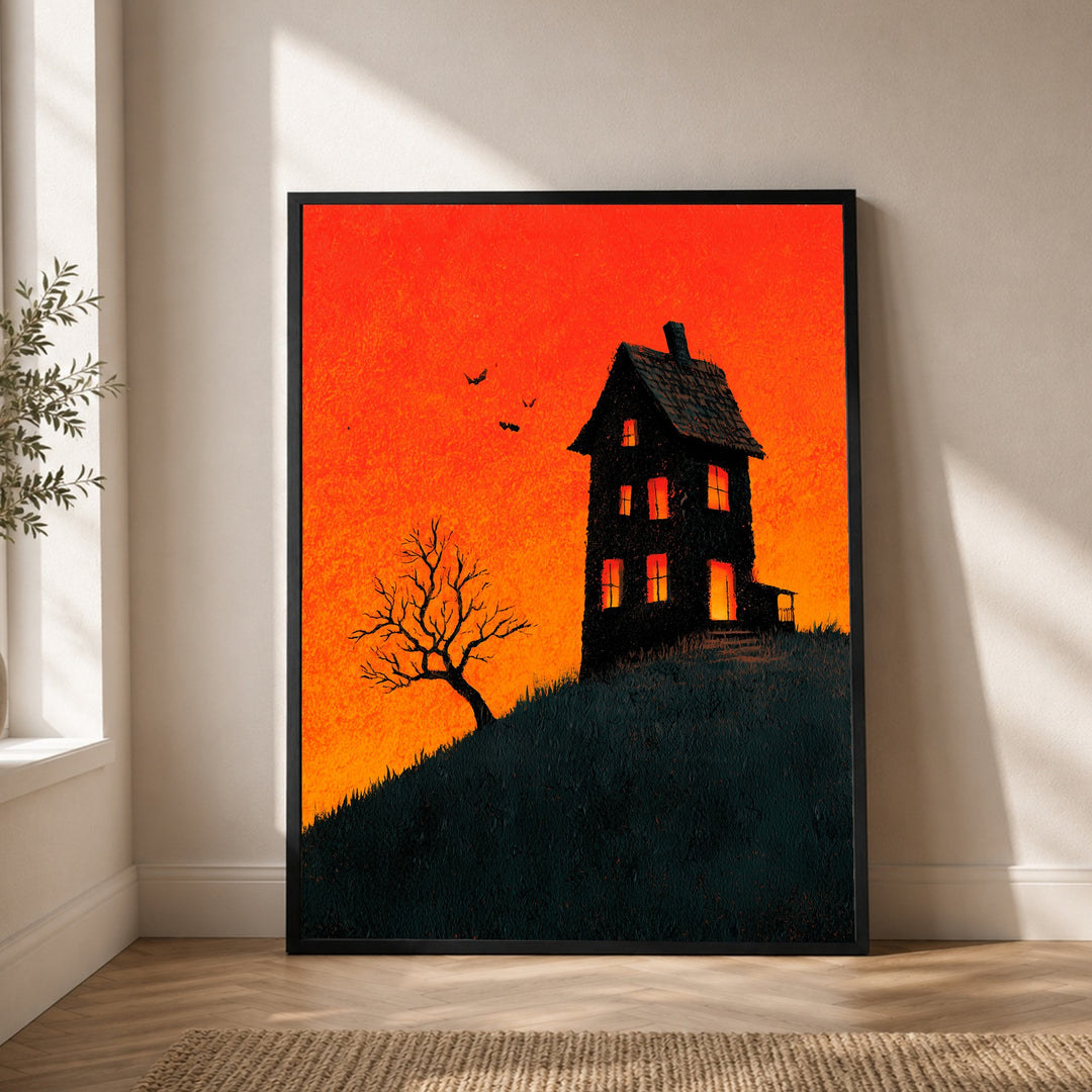 Haunted House im Abendrot Poster – Schwarzer Rahmen – Produktfoto