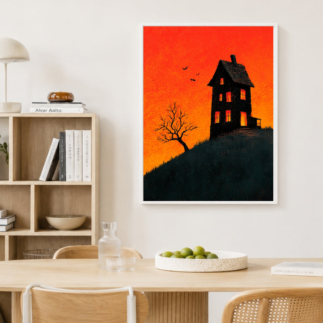 Haunted House im Abendrot Poster – Weißer Rahmen – Produktfoto
